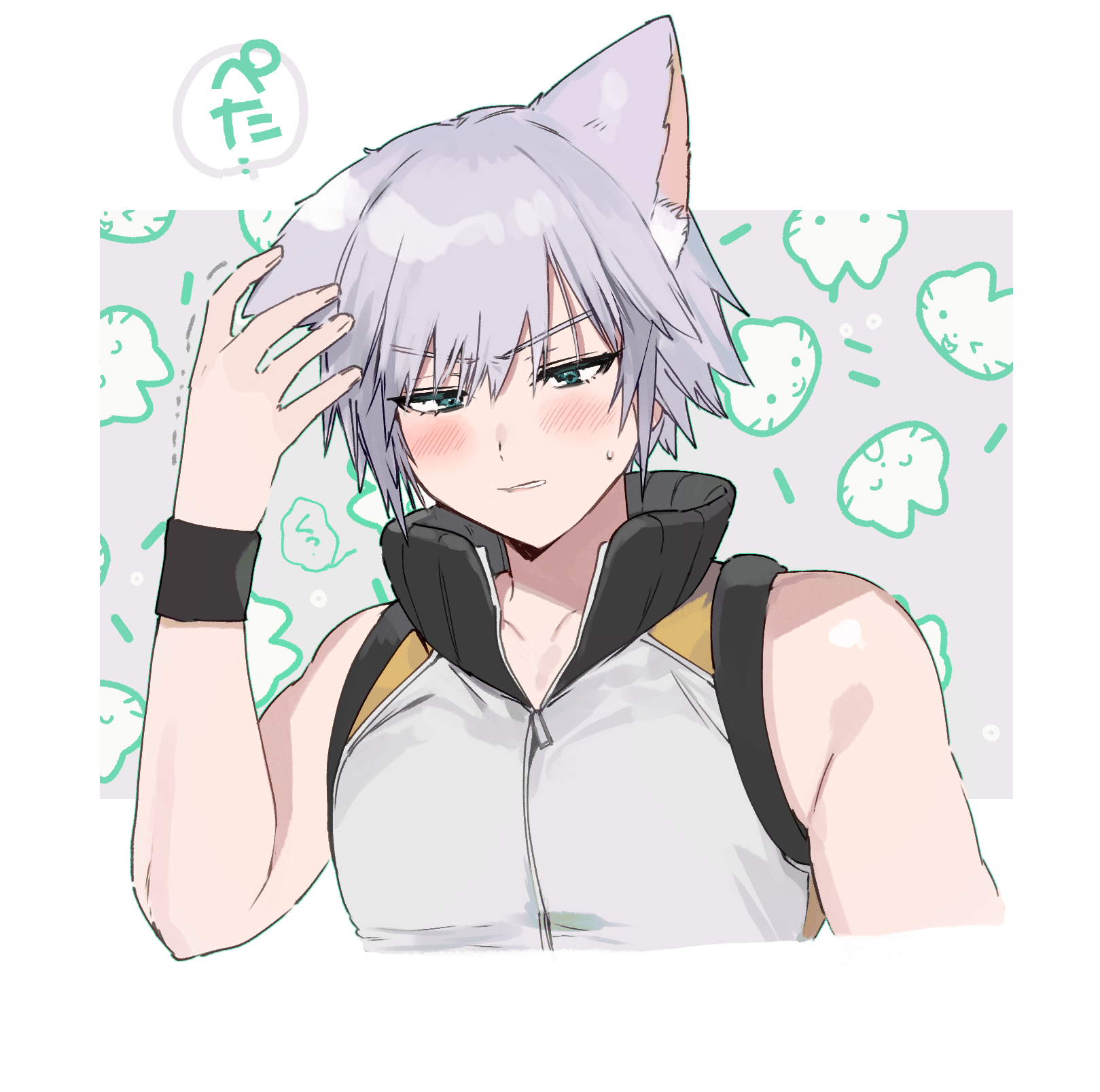 1boy animal_ears blue_eyes blush cat cat_ears grey_hair highres kemonomimi_mode kingdom_hearts kingdom_hearts_3d:_dream_drop_distance lgw7 male_focus open_mouth riku_(kingdom_hearts) short_hair sleeveless speech_bubble sweatdrop v-shaped_eyebrows zipper