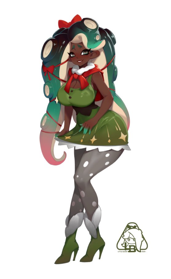 alternate_costume breasts dark-skinned_female dark_skin large_breasts little_blood marina_(splatoon) solo splatoon_(series) splatoon_2