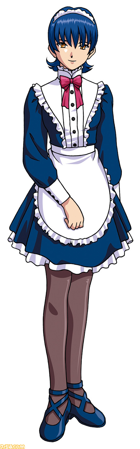 apron artist_request blue_dress blue_footwear blue_hair blue_sleeves breasts brown_pantyhose buttoned_cuffs buttons cel_shading center_frills closed_mouth collar dress dress_ribbon famitsu frilled_apron frilled_collar frilled_dress frills high_heels highres layered_dress legs_together long_sleeves looking_at_viewer maid maid_headdress medium_breasts medium_hair mell_raison official_art orange_eyes pantyhose sakura_taisen sakura_taisen_iii second-party_source sega simple_background sleeve_cuffs smile standing strappy_heels tachi-e watermark white_apron white_background white_collar white_headdress white_sleeve_cuffs wispy_bangs