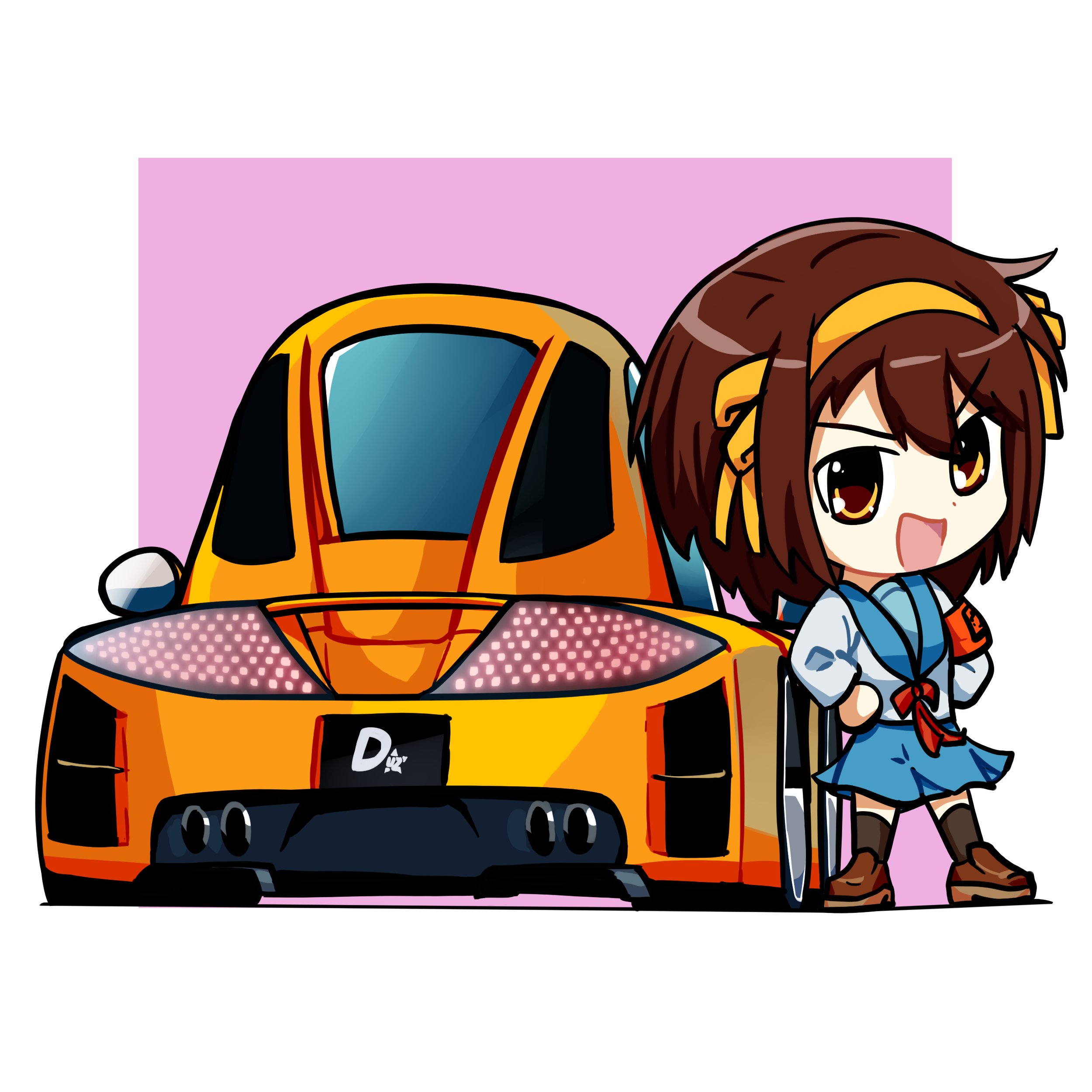 1girl absurdres armband black_socks blue_skirt bow brown_eyes brown_footwear brown_hair car chrysler chrysler_me_four-twelve duz hair_bow hairband head_tilt highres looking_at_viewer midnight_club_(game_series) midnight_club_3 motor_vehicle orange_bow orange_hairband sailor_collar shirt skirt smile socks solo sports_car suzumiya_haruhi suzumiya_haruhi_no_yuuutsu v-shaped_eyebrows vehicle_focus white_shirt