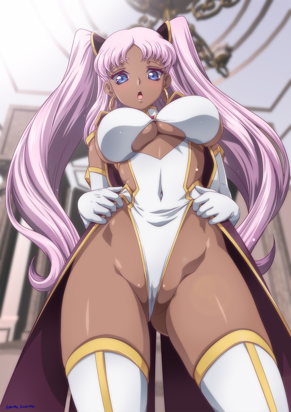 1girl ass blue_eyes bodysuit breasts catherine_sabathra code_geass code_geass:_dakkan_no_roze covered_navel curvy dark-skinned_female dark_skin earrings elbow_gloves foreshortening from_below frontal_wedgie gloves gluteal_fold hands_on_own_hips highleg highleg_leotard highres indoors jewelry kaname_aomame large_breasts leotard leotard_lift leotard_pull lifting_own_clothes long_hair looking_at_viewer open_clothes open_mouth partially_visible_vulva pink_hair revealing_clothes self_wedgie shiny_skin sideboob standing thighhighs twintails underboob very_long_hair wedgie wide_hips
