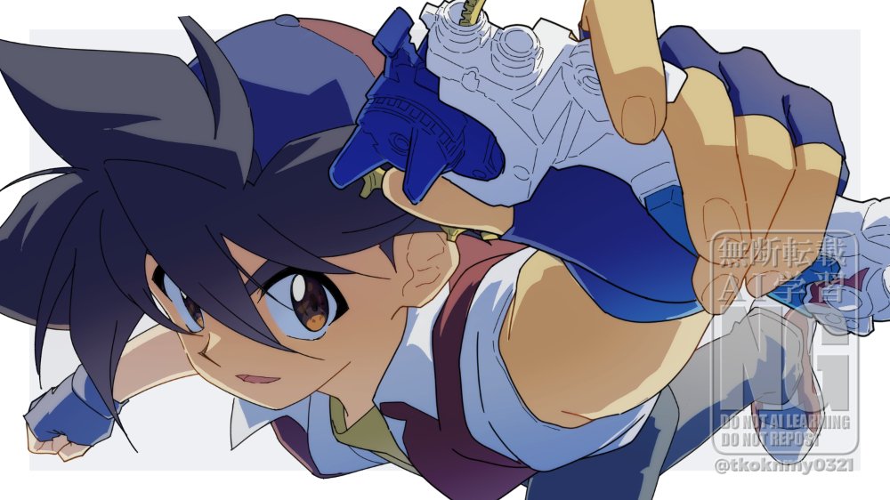 1boy bakuten_shoot_beyblade beyblade black_hair blue_gloves brown_eyes fingerless_gloves gloves grey_background hat holding jacket kinomiya_takao long_hair male_focus red_hat red_jacket shirt simple_background solo tkoknmy0321 twitter_username upper_body watermark yellow_shirt