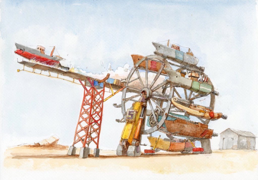 catapult engine launching machinery no_humans original science_fiction shed ship smoke steel_beam tagme traditional_media truss tsuboi_hajime watercraft