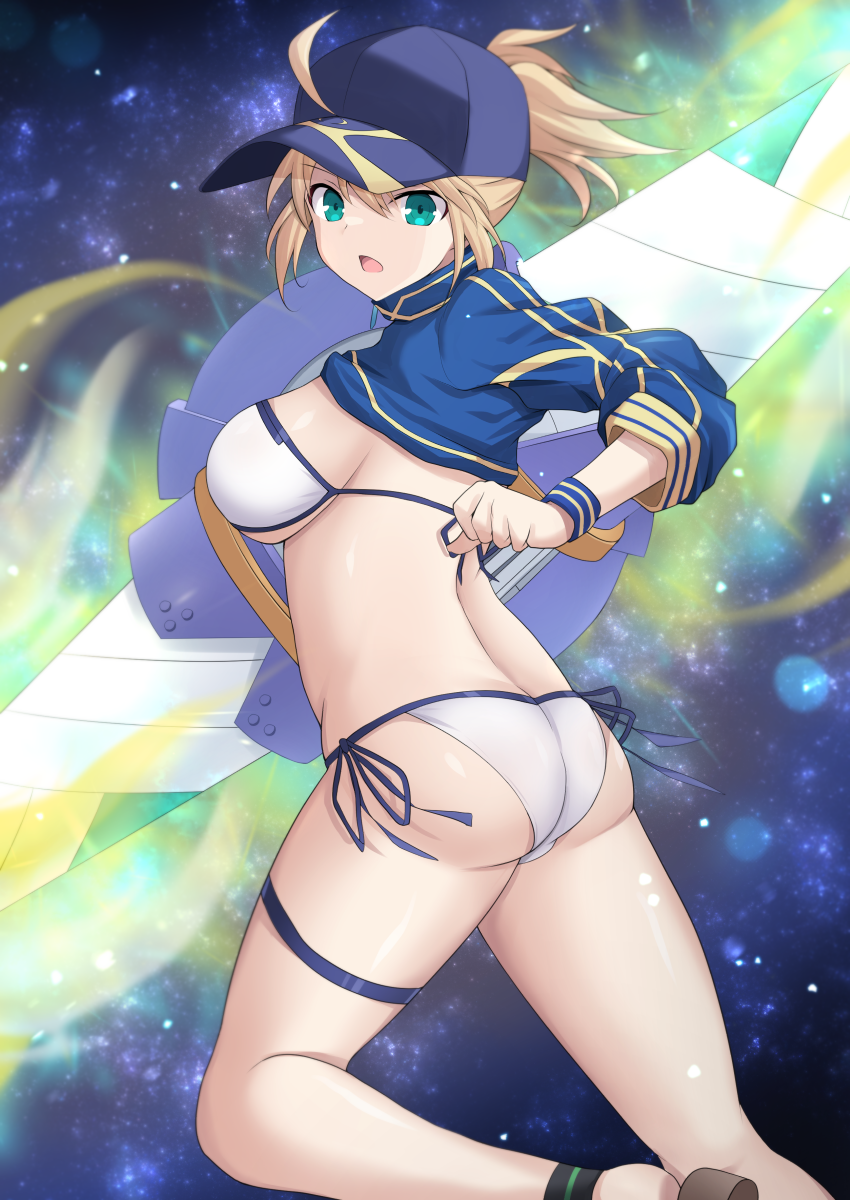 1girl ahoge artoria_pendragon_(fate) ass baseball_cap bikini blonde_hair blue_hat blue_jacket breasts butt_crack cropped_jacket cross_(crossryou) fate/grand_order fate/stay_night fate_(series) hair_through_headwear hat highres jacket large_breasts long_hair looking_at_viewer mysterious_heroine_x_(fate) mysterious_heroine_xx_(fate) navel ponytail shrug_(clothing) side-tie_bikini_bottom solo swimsuit thigh_strap twinmyniad_(fate) white_bikini wristband