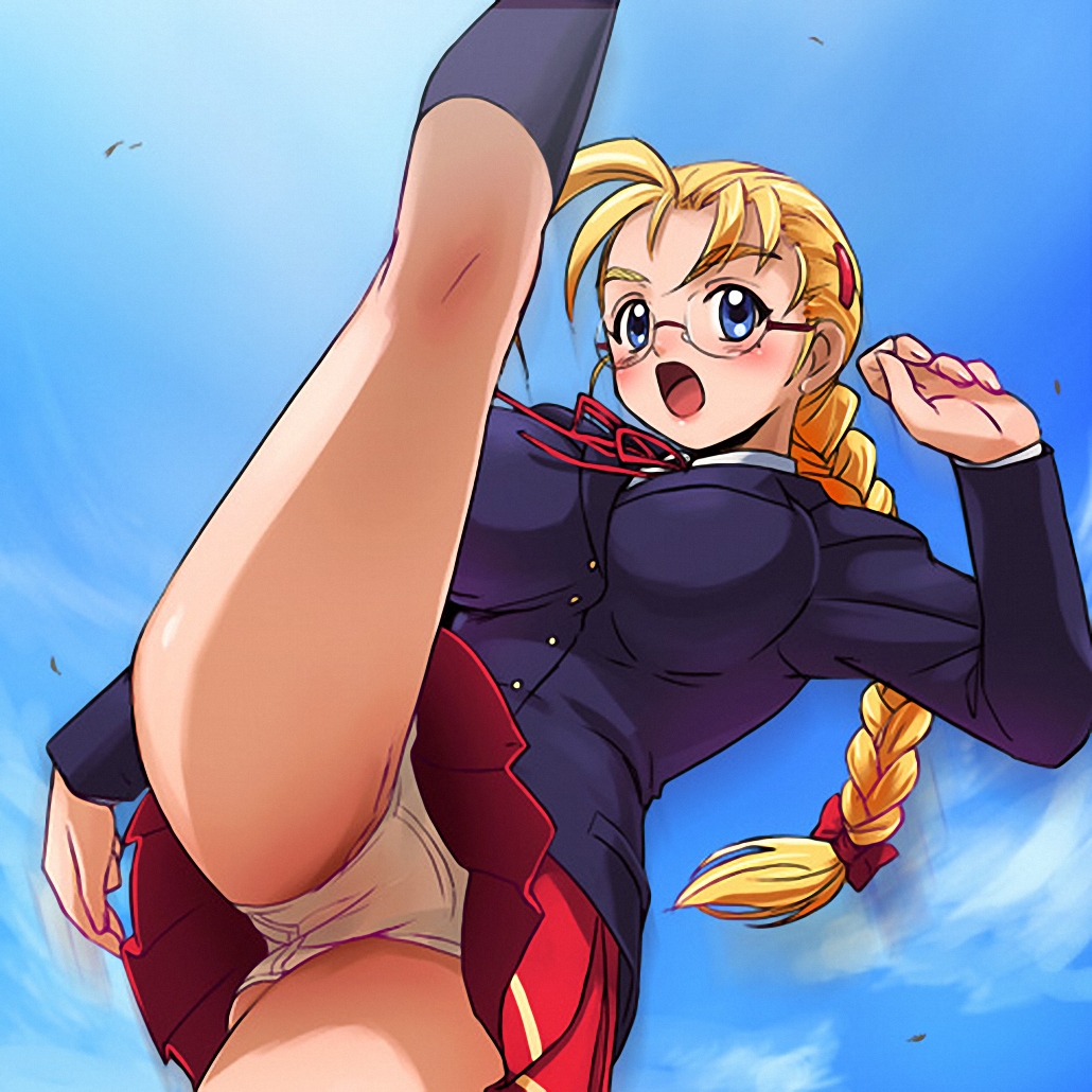 00s 10s 1girl action blonde_hair blue_eyes braid breasts female_focus from_below furinji_miu fuurinji_miu glasses haruyama_kazunori kicking mole mole_under_eye panties pantyshot school_uniform shijou_saikyou_no_deshi_ken&#039;ichi solo source_request underwear
