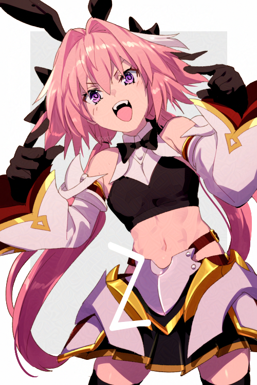 1boy abs armor astolfo_(fate) astolfo_(saber)_(fate) astolfo_(saber)_(first_ascension)_(fate) bare_shoulders belt black_gloves black_shirt black_skirt black_thighhighs blush bow bowtie crop_top detached_sleeves echo_(circa) elbow_gloves fate/grand_order fate_(series) faulds gloves gold_trim hair_bow hair_intakes hair_ribbon long_hair looking_at_viewer low_twintails male_focus midriff multicolored_hair navel open_mouth pink_hair purple_eyes ribbon shirt skirt smile solo streaked_hair thighhighs thighs toned trap twintails white_hair wide_sleeves