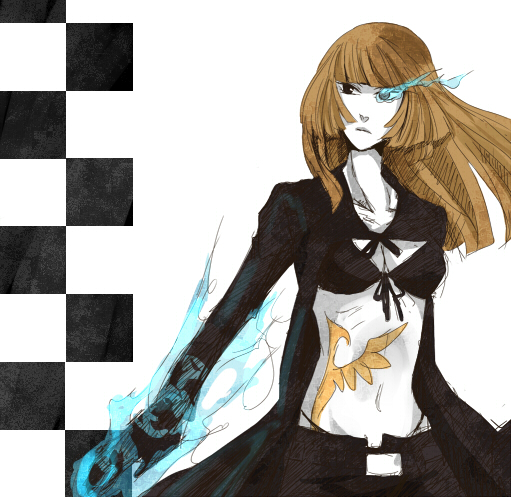 1girl aura bad_id bad_pixiv_id bikini bikini_top_only black_rock_shooter black_rock_shooter_(character) black_rock_shooter_(character)_(cosplay) black_rock_shooter_(cosplay) black_shorts blunt_bangs brown_hair coat cosplay female_focus front-tie_top gloves glowing glowing_eyes hime_cut jacket long_hair melting_scarlet midriff navel pale_skin shorts solo swimsuit tattoo umineko_no_naku_koro_ni ushiromiya_rosa