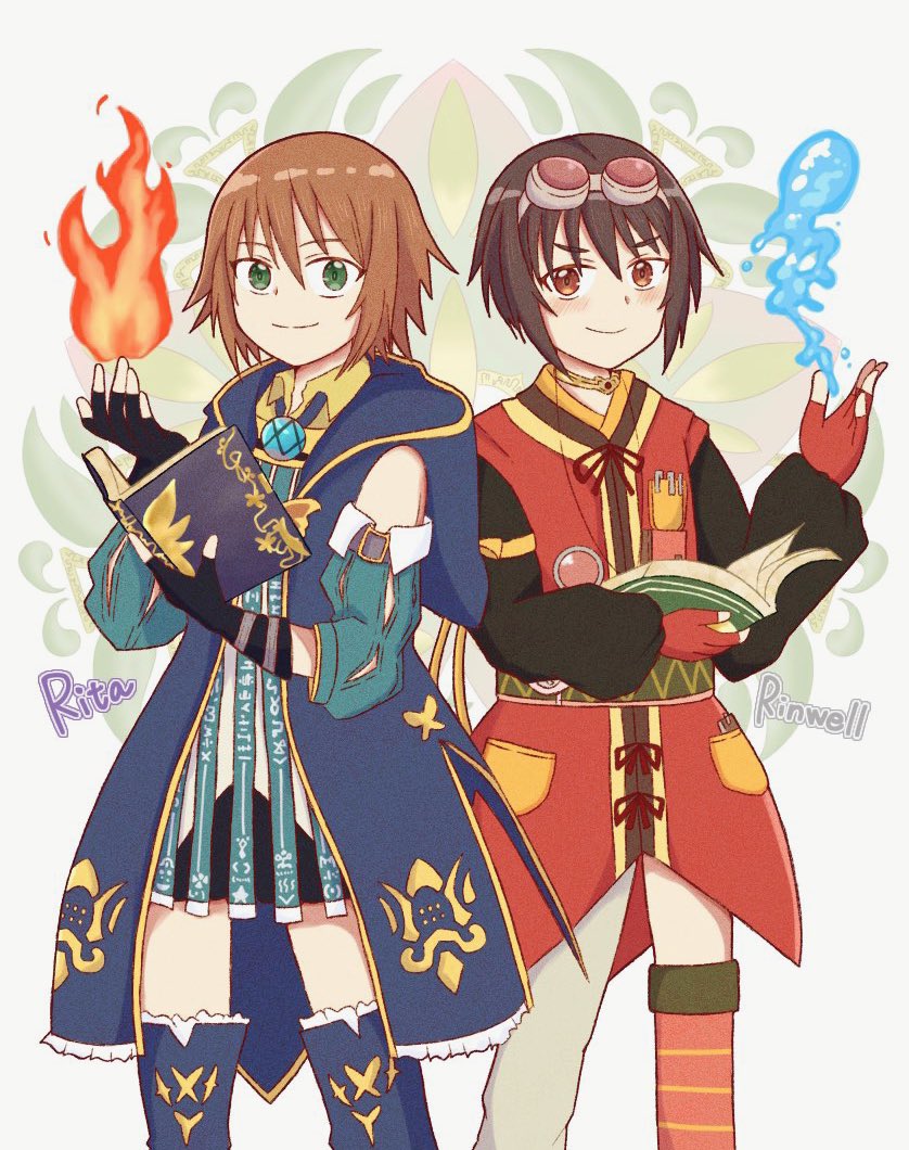 2girls asymmetrical_legwear black_gloves black_hair blue_robe blush book boots brown_eyes brown_hair character_name choker cosplay costume_switch detached_sleeves dress fingerless_gloves fire gloves goggles goggles_on_head green_eyes hair_between_eyes holding holding_book hood hood_down hydrokinesis light_brown_hair looking_at_viewer multiple_girls object_in_pocket open_book pen_in_pocket pocket pyrokinesis red_gloves rinwell_(tales) rinwell_(tales)_(cosplay) rita_mordio rita_mordio_(cosplay) robe short_hair simple_background smile tales_of_(series) tales_of_arise tales_of_vesperia thigh_boots thighhighs uneven_legwear vefpeem water