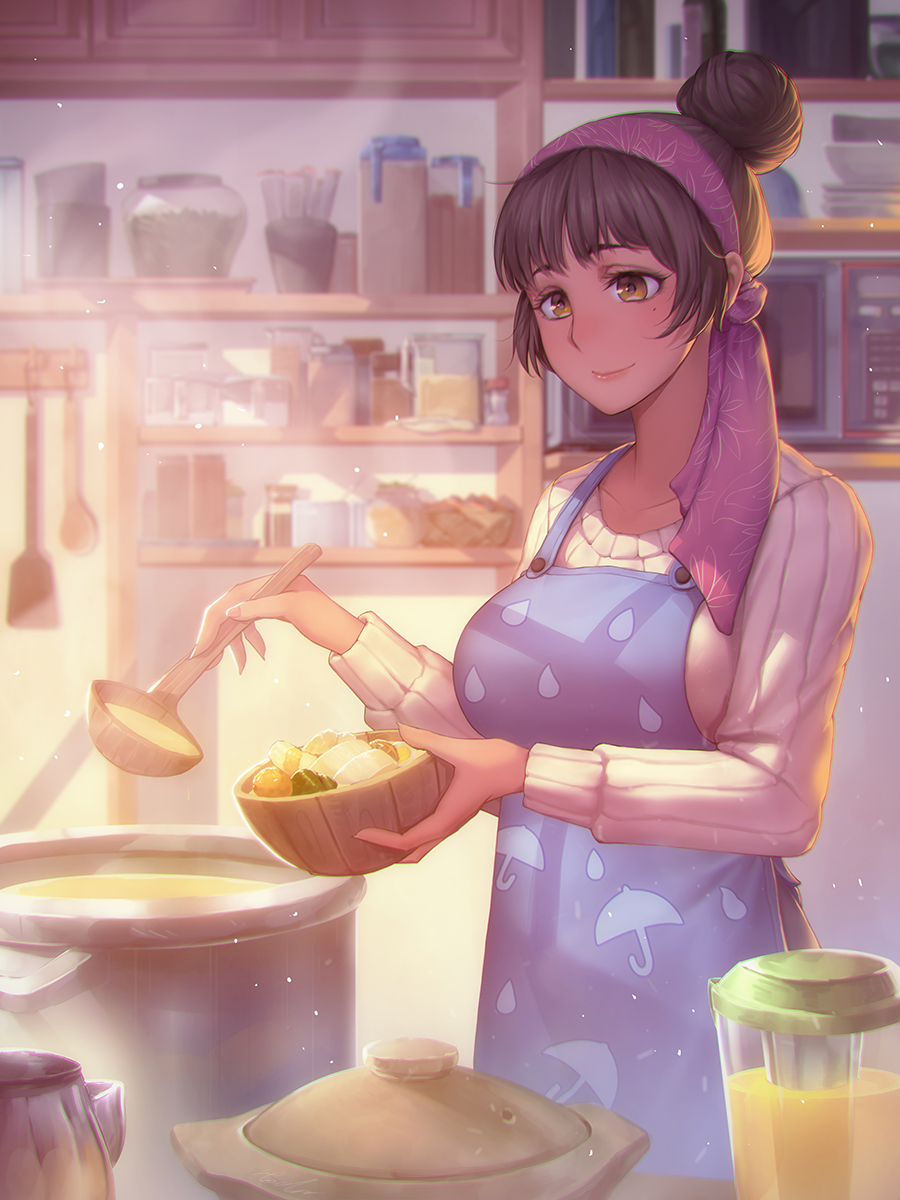 1girl apron blender_(object) bowl breasts brown_eyes brown_hair chromatic_aberration cooking dishes female_focus food hachifuku hair_bun hairband headscarf highres holding holding_bowl housewife indoors jar kitchen ladle large_breasts light_particles light_smile long_sleeves microwave mole mole_under_eye nabe original pot purple_headscarf ribbed_sweater shelf short_hair single_hair_bun slice_of_life smile solo spatula sunlight sweater