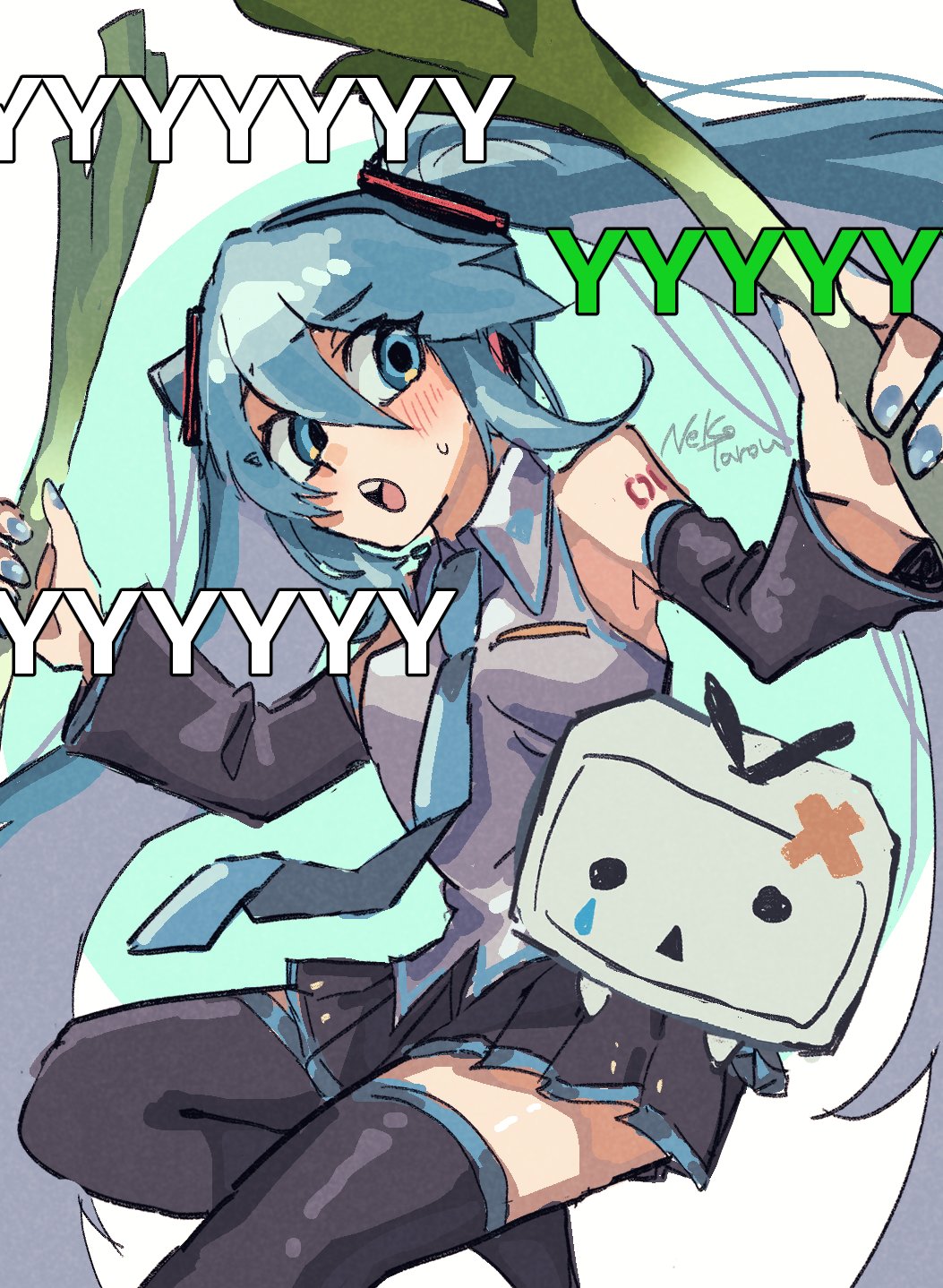 1girl 2024_niconico_cyberattack black_boots black_skirt black_sleeves blue_background blue_eyes blue_hair blue_necktie blush boots breasts collared_shirt commentary_request crossed_bandaids detached_sleeves foot_out_of_frame grey_shirt hair_between_eyes hatsune_miku highres long_bangs long_hair long_sleeves looking_at_viewer necktie nekotarou_(nekotaro_woohoo) niconico number_tattoo open_mouth pleated_skirt shirt shoulder_tattoo simple_background skirt sleeveless sleeveless_shirt small_breasts solo spring_onion tattoo television terebi-chan thigh_boots two-tone_background very_long_hair vocaloid white_background wryyyyyyyyyyyyyyyyyyyy