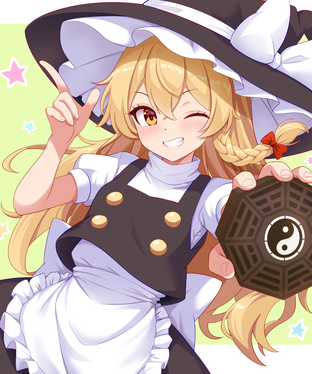 1girl apron black_hat black_skirt black_vest blonde_hair bow braid commentary_request cowboy_shot grin hair_between_eyes hair_bow hat hat_bow highres holding kirisame_marisa kisaragi_koushi long_hair looking_at_viewer mini-hakkero one_eye_closed puffy_short_sleeves puffy_sleeves red_bow shirt short_sleeves side_braid single_braid skirt smile solo star_(symbol) touhou trigram very_long_hair vest waist_apron white_apron white_bow white_shirt witch_hat yellow_background yin_yang
