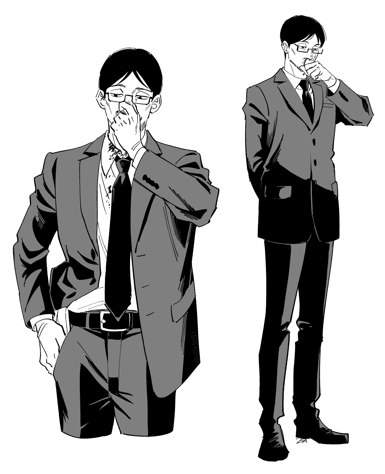 1boy belt blood blood_on_clothes blood_on_face collared_shirt formal_clothes glasses greyscale hand_in_pocket highres holding_nose ijichi_kiyotaka jujutsu_kaisen long_sleeves male_focus monochrome necktie pants shirt shoes short_hair solo standing suit sumio_(smosmo)