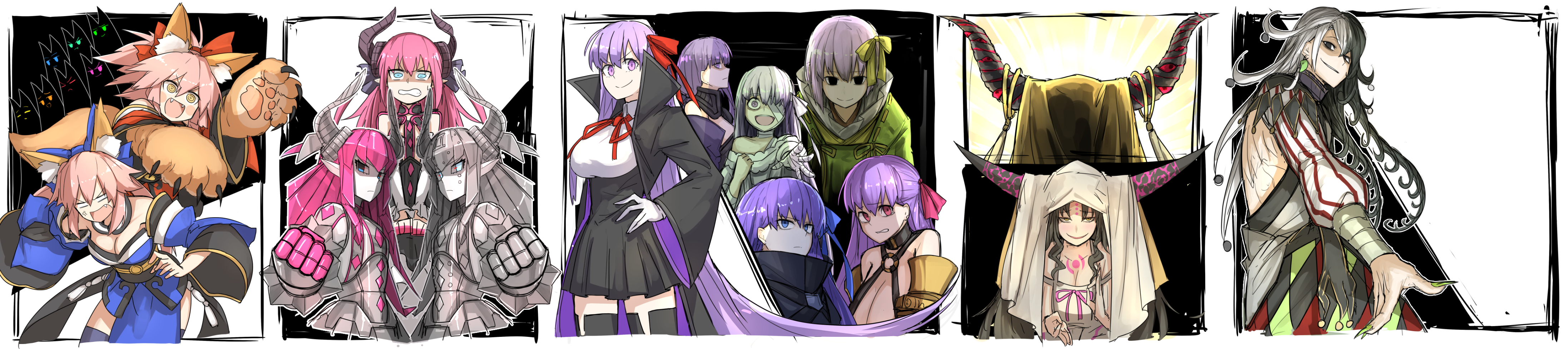 10s absurdres animal_ears ashiya_douman_(fate) bad_id bad_pixiv_id bandages bb_(fate) bb_(fate/extra) black_hair clenched_hand elizabeth_bathory_(fate) elizabeth_bathory_(fate/extra) elizabeth_bathory_(first_ascension)_(fate) fate/extra fate/extra_ccc fate/extra_ccc_fox_tail fate/grand_order fate_(series) fingernails fox_ears fox_tail hair_ribbon hand_on_own_hip highres horns kankan33333 kazuradrop_(fate) kazuradrop_(fate/extra) kingprotea_(fate) long_image mecha_eli-chan_(fate) mecha_eli-chan_mk.ii_(fate) meltryllis_(fate) multicolored_hair passionlip_(fate) pink_hair purple_hair ribbon robot sessyoin_kiara sharp_fingernails split-color_hair tail tamamo_(fate) tamamo_cat_(fate) tamamo_cat_(first_ascension)_(fate) tamamo_no_mae_(fate/extra) two-tone_hair veil violet_(fate) white_hair wide_image