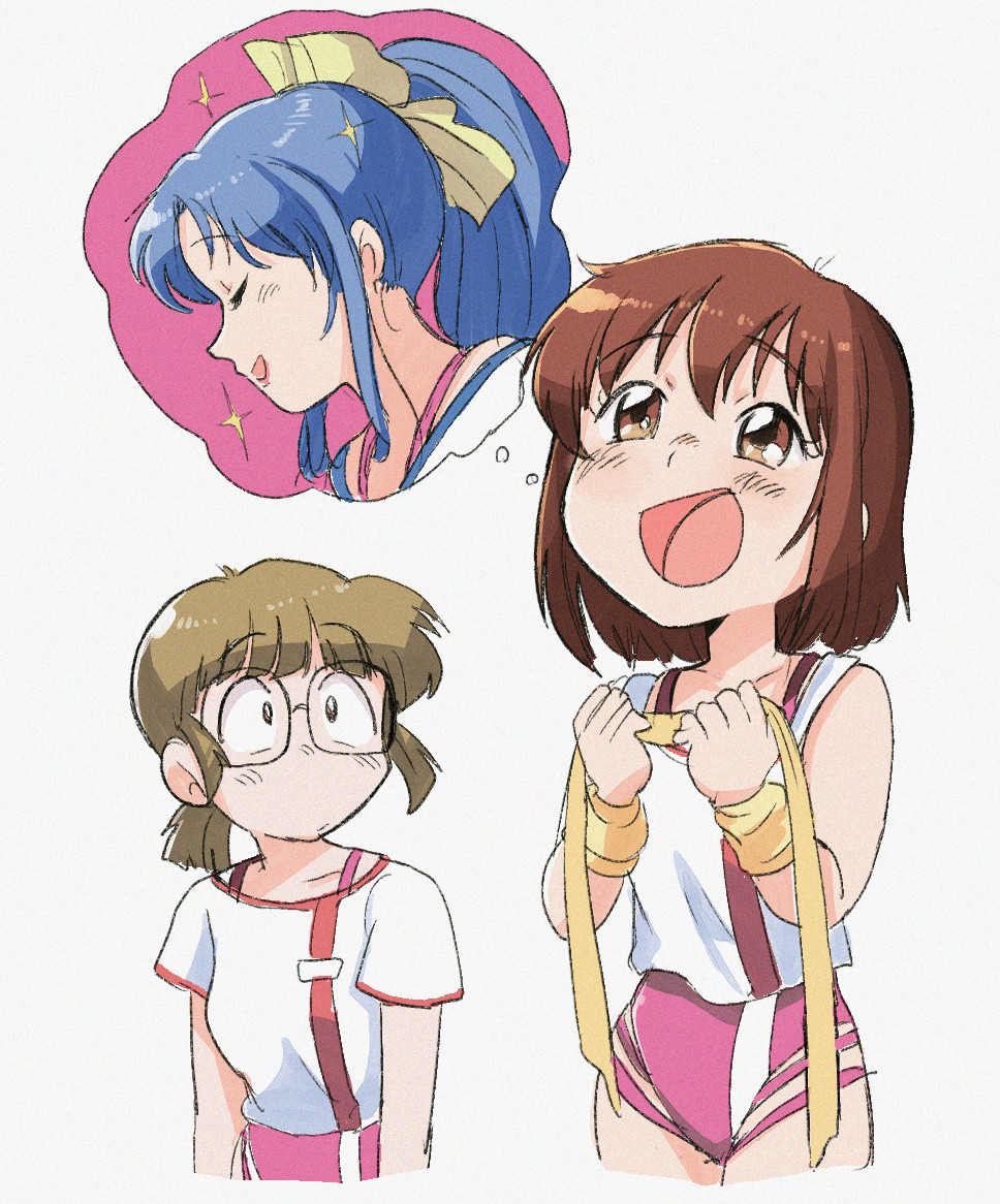 3girls amano_kazumi blue_hair bow breasts brown_eyes brown_hair crop_top glasses gym_uniform hair_bow hands_up headband higuchi_kimiko leotard leotard_under_clothes lipstick long_hair makeup medium_breasts medium_hair multicolored_clothes multicolored_shirt multiple_girls open_mouth purple_leotard red_shirt retro_artstyle shirt short_sleeves single_vertical_stripe sleeve_cuffs speech_bubble takaya_noriko thought_bubble top_wo_nerae! top_wo_nerae!_(series) tsubobot white_shirt wristband yellow_bow yellow_headband