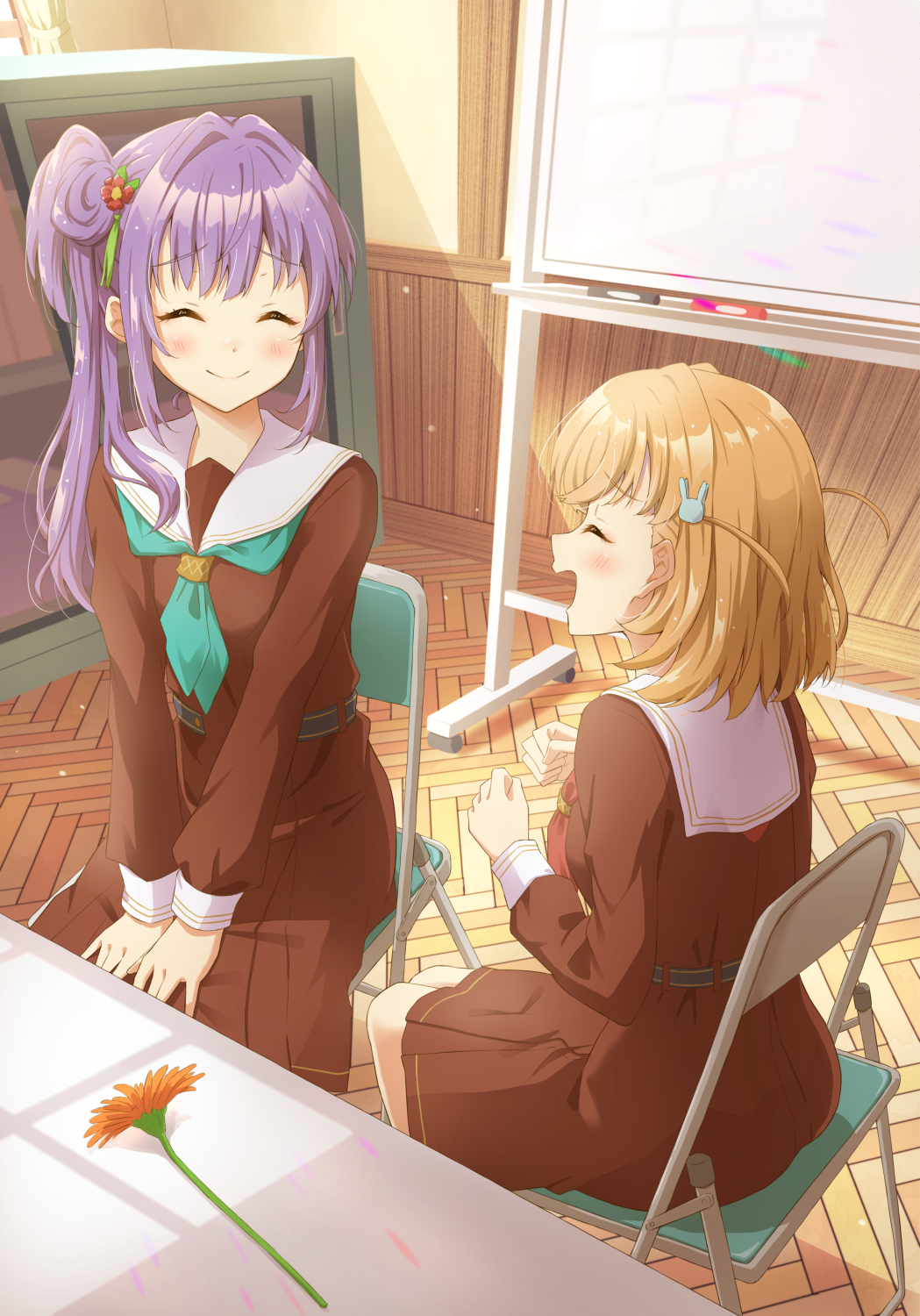 2girls closed_eyes hasu_no_sora_school_uniform highres hinoshita_kaho link!_like!_love_live! long_sleeves love_live! link!_like!_love_live! multiple_girls open_mouth orange_hair otomune_kozue purple_hair qy73 sitting smile