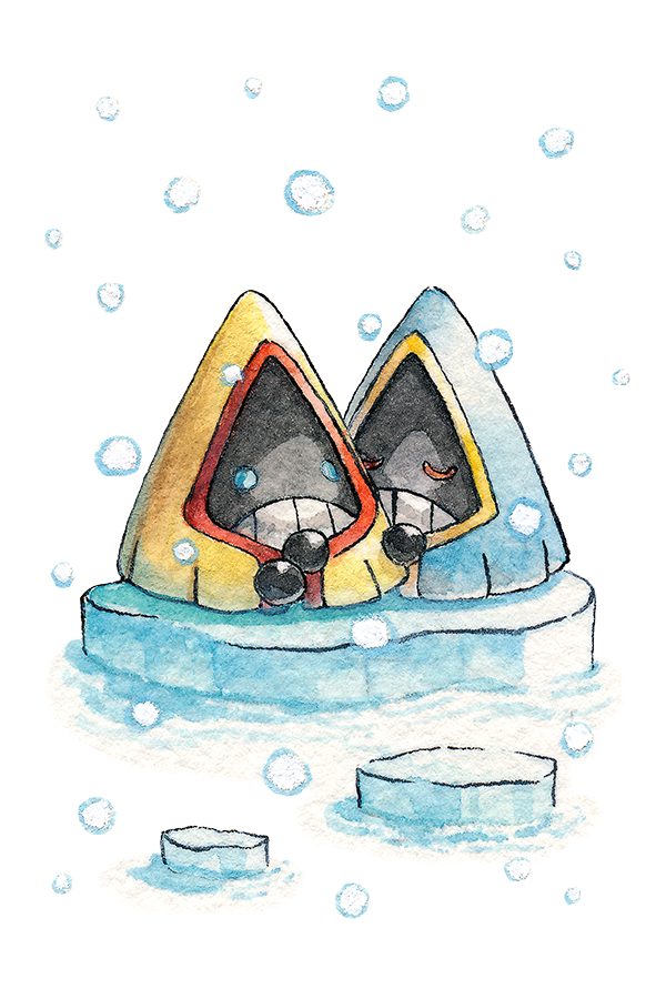alternate_color blue_eyes closed_eyes commentary english_commentary gen_3_pokemon ice nintendo no_humans oliver_hamlin painting_(medium) pokemon pokemon_(creature) shiny_and_normal shiny_pokemon simple_background snorunt snowing standing teeth traditional_media u_u water watercolor_(medium) white_background