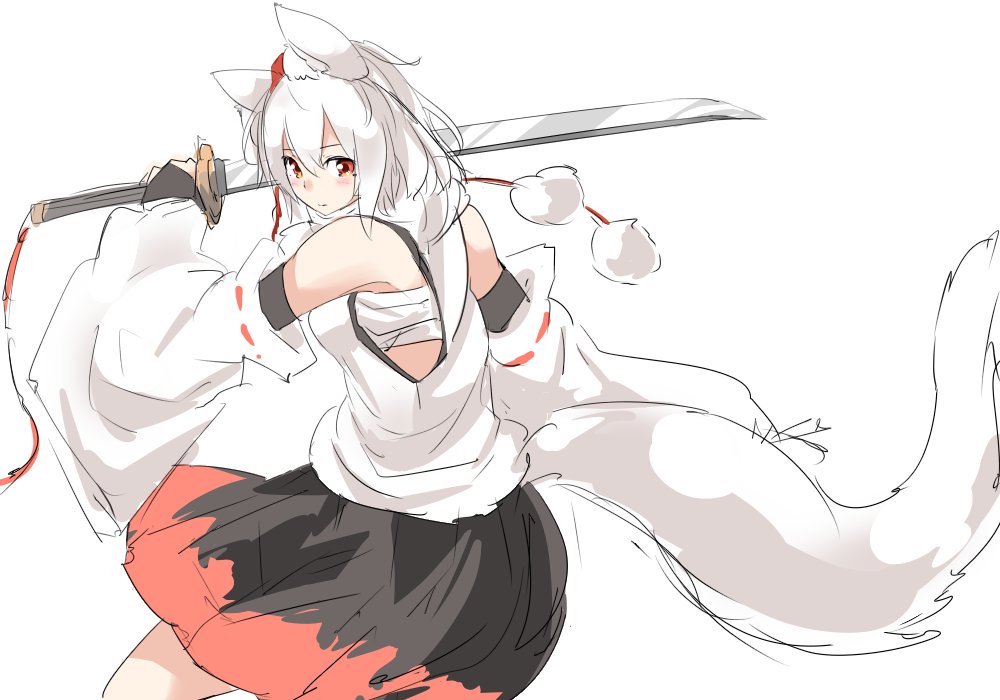 1girl animal_ear_fluff animal_ears bad_tag black_skirt black_undershirt chest_sarashi closed_mouth commentary detached_sleeves double-parted_bangs floating_clothes from_side hair_between_eyes hat holding holding_sword holding_weapon houkai_(collapse_illust) inubashiri_momiji long_sleeves looking_at_viewer medium_hair red_eyes red_hat red_ribbon red_skirt ribbon ribbon-trimmed_sleeves ribbon_trim sarashi shirt simple_background skirt smile solo split_mouth sword tail tokin_hat touhou two-tone_skirt upper_body very_long_tail weapon white_background white_hair white_shirt wide_sleeves wolf_ears wolf_girl wolf_tail