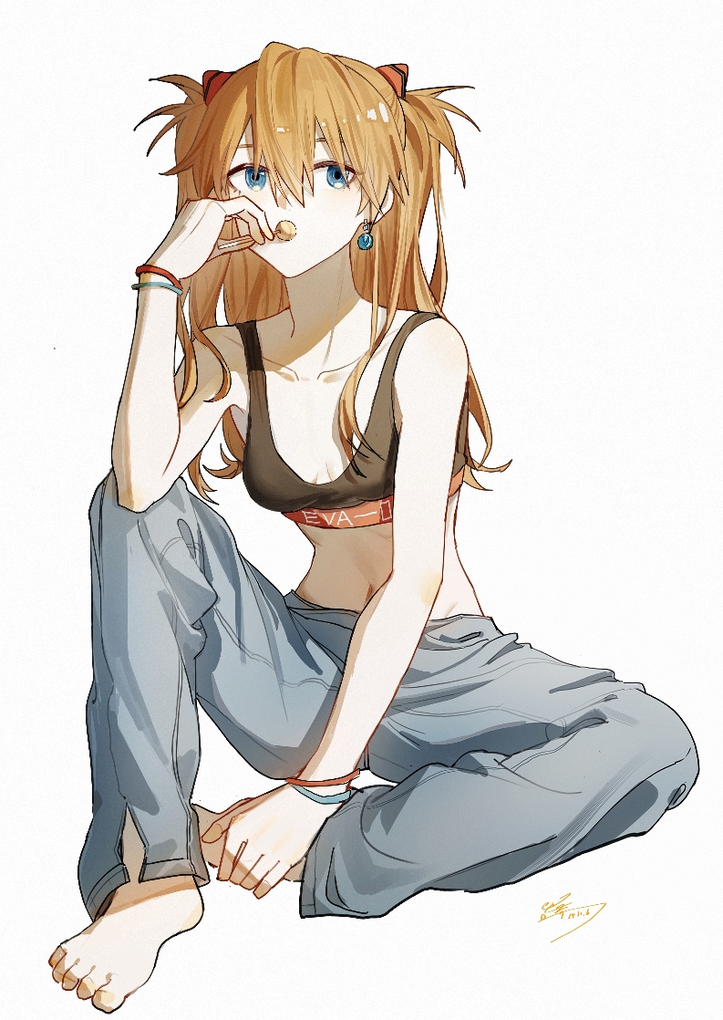 1girl bare_arms barefoot blue_eyes blue_pants bracelet breasts breasts_apart brown_hair candy casual collarbone earrings food full_body grey_pants hair_between_eyes hand_on_own_foot holding holding_candy holding_food holding_lollipop interface_headset_(evangelion) jewelry knee_up lollipop long_hair multiple_bracelets neon_genesis_evangelion pants pose_request signature simple_background single_earring sitting small_breasts solo souryuu_asuka_langley sports_bra stomach two_side_up white_background yisjhui
