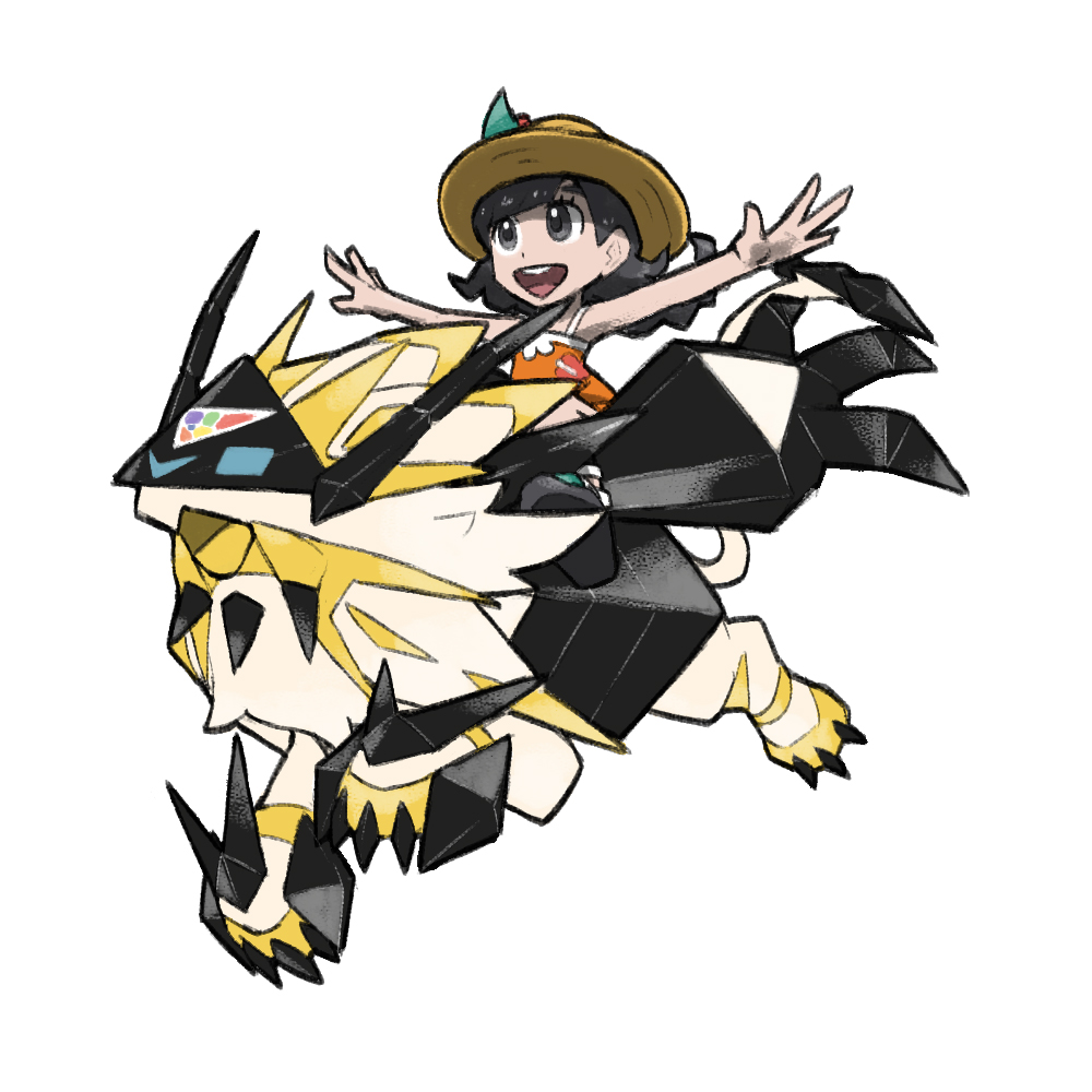 1girl :d black_eyes black_hair blacknirrow claws eyelashes gen_7_pokemon hat legendary_pokemon long_hair mane necrozma necrozma_(dusk_mane) nintendo open_mouth orange_shirt outstretched_arms pokemon pokemon_(creature) pokemon_usum prism riding riding_pokemon selene_(pokemon) shirt simple_background smile spread_arms straw_hat teeth upper_teeth_only white_background
