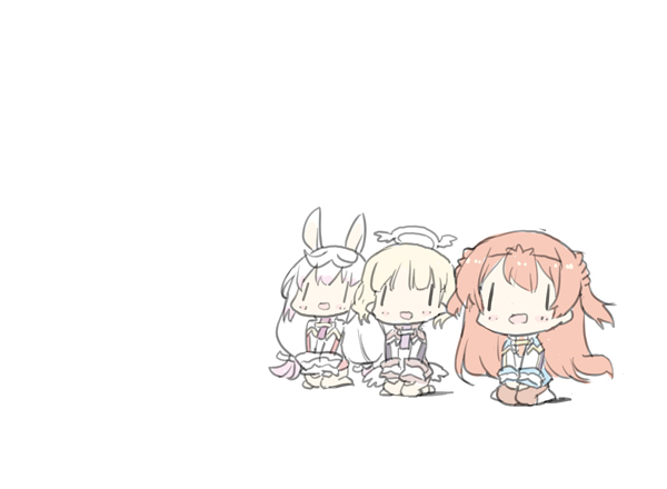 3girls :d alisa_kirsten angel angel_wings animal_ears blade_(galaxist) blonde_hair blush chibi full_body halo kirara_ookami long_hair low-tied_long_hair low_wings misty_sheikh multiple_girls official_art open_mouth pink_hair pointy_ears pop-up_story rabbit_ears rabbit_girl school_uniform short_hair simple_background sitting smile wariza white_background white_hair wings |_|
