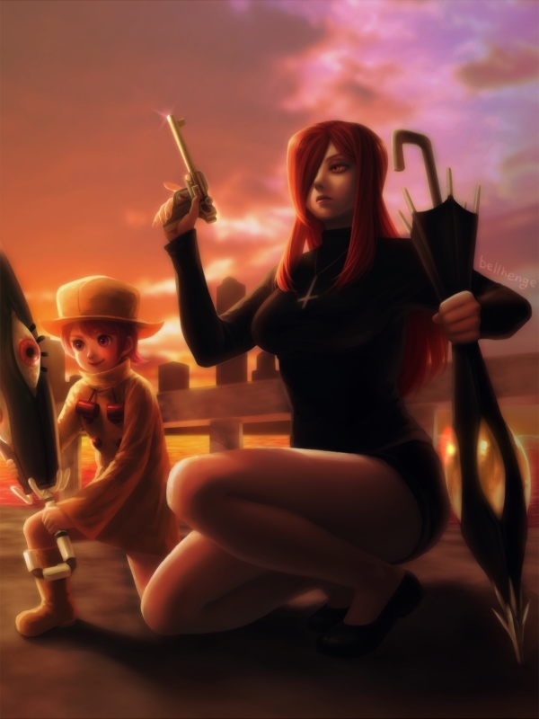 2girls bellhenge black_dress black_footwear boots buttons cloud commentary dress english_commentary extra_eyes fence fighting_stance gradient_sky gun handgun hat high_heels holding holding_gun holding_umbrella holding_weapon hungern_(skullgirls) long_hair long_sleeves multiple_girls nintendo outdoors parasoul_(skullgirls) pink_hair pink_sky pom_pom_(clothes) realistic red_eyes red_hair short_dress short_hair siblings sisters skullgirls sky squatting straight_hair sunset thighs turtleneck turtleneck_dress umbrella umbrella_(skullgirls) weapon wide_sleeves yellow_boots yellow_dress yellow_headwear yellow_sky