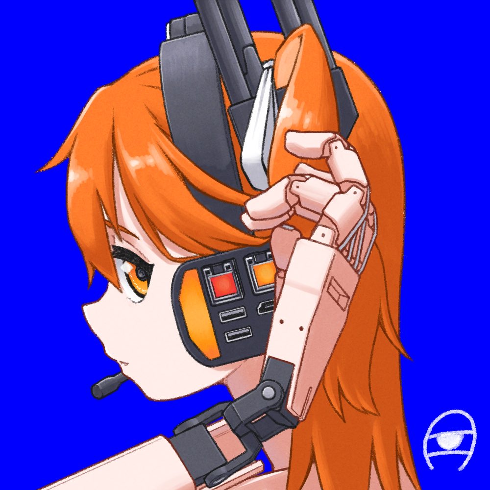1girl adachi_rei android artist_logo blue_background hair_ribbon hand_up headset joints kanbaru_mitsuki logo looking_at_viewer medium_hair orange_eyes orange_hair parted_lips portrait ribbon robot_joints side_ponytail sideways_glance sideways_mouth simple_background solo tucking_hair usb_port_(object) utau