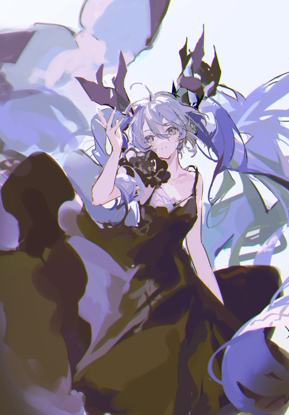 1girl bare_arms black_dress black_ribbon blue_eyes blue_hair collarbone dress grey_background hair_ribbon hatsune_miku highres long_hair mamenomoto ribbon shinkai_shoujo_(vocaloid) sidelocks simple_background sleeveless sleeveless_dress solo twintails very_long_hair vocaloid