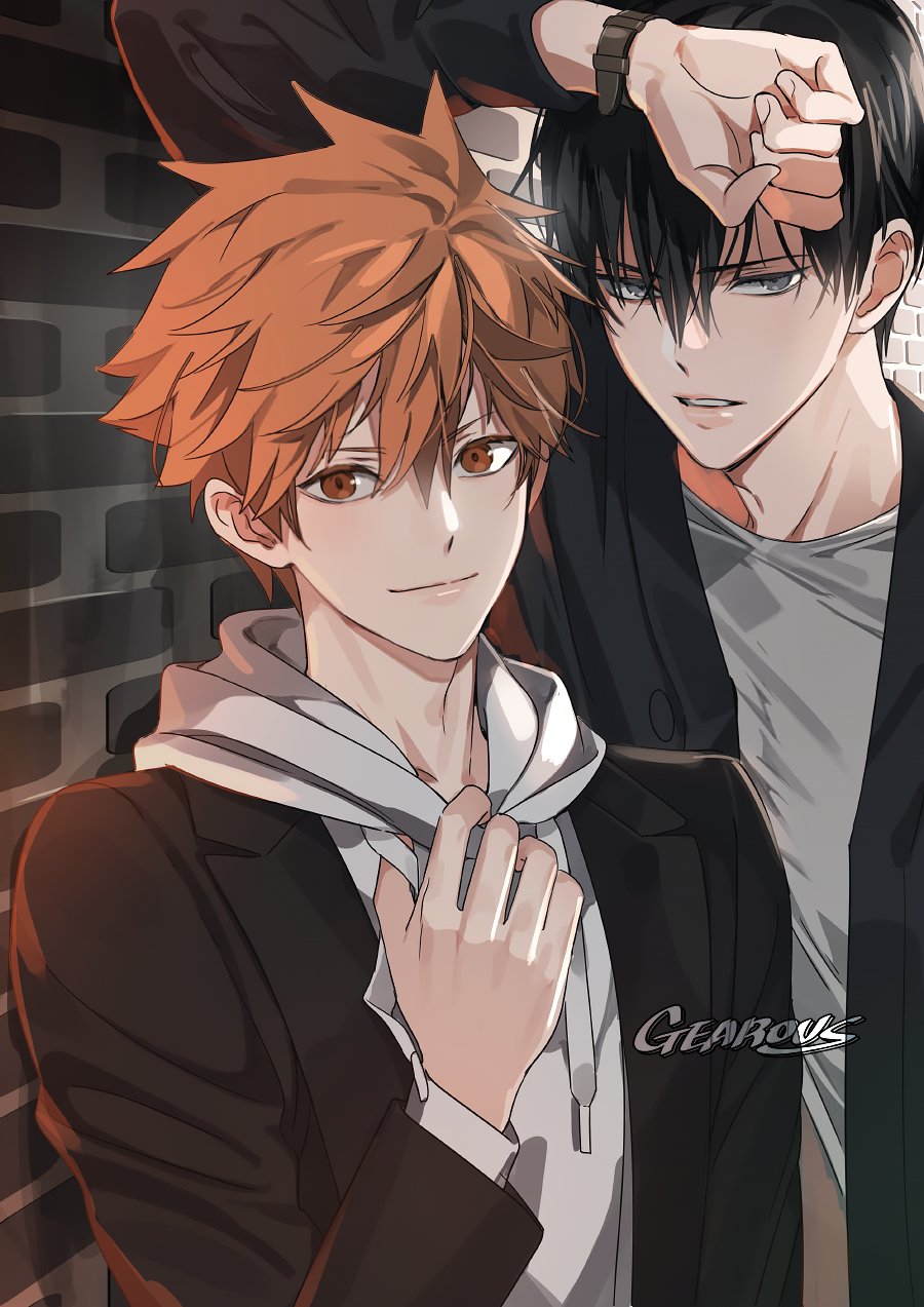 2boys arm_up black_hair black_jacket closed_mouth gearous grey_eyes haikyuu!! hair_between_eyes height_difference highres hinata_shouyou hood hood_down hoodie jacket kageyama_tobio long_sleeves looking_at_viewer male_focus multiple_boys open_clothes open_jacket orange_eyes orange_hair parted_lips shirt short_hair smile upper_body watch white_hoodie white_shirt wristwatch yaoi
