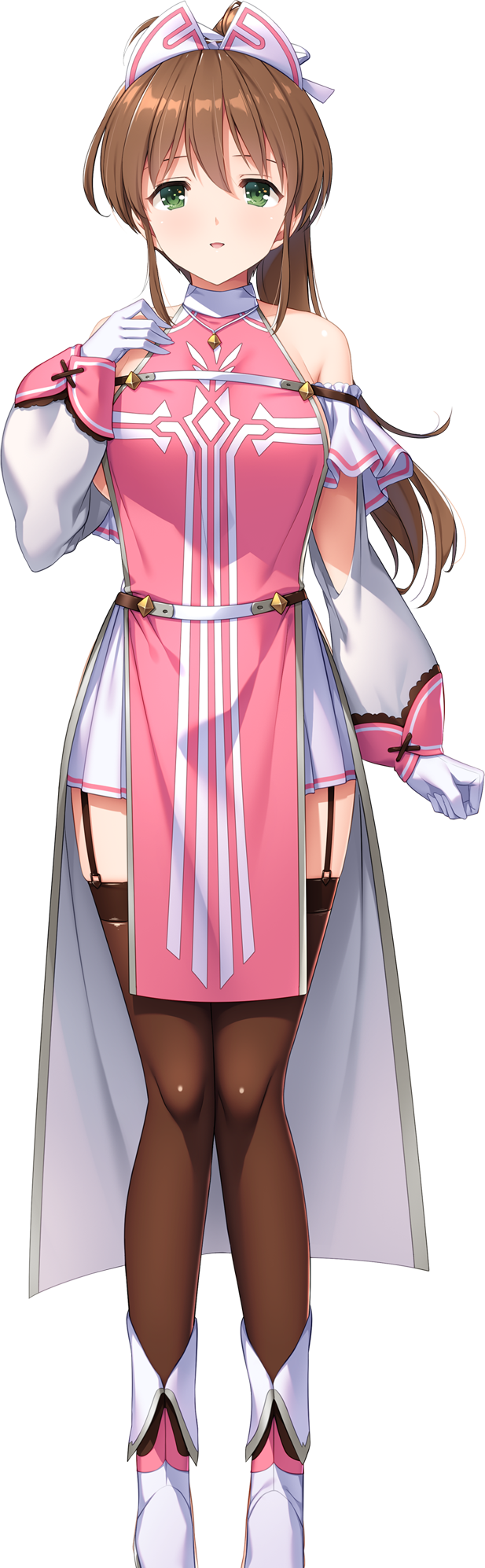 1girl akikawa_suika arm_at_side arm_up black_thighhighs breasts brown_hair cleric detached_sleeves fantasy game_cg garter_straps girls_frantic_clan gloves green_eyes hair_ornament hair_ribbon high_heels high_ponytail highres light_blush long_hair looking_at_viewer medium_breasts non-web_source official_art open_mouth paladin pink_robe pleated_skirt ponytail priestess ribbon robe sideboob skirt smile solo tachi-e thighhighs white_gloves white_skirt yaegashi_nan