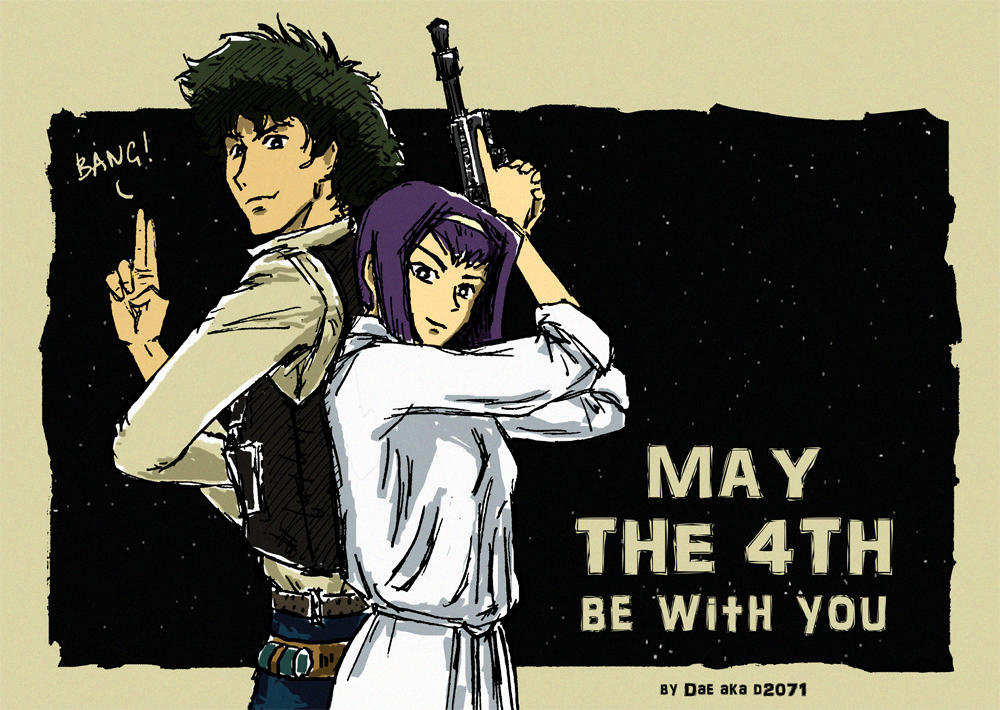 1boy 1girl blaster_(star_wars) cosplay cowboy_bebop d2071 faye_valentine han_solo han_solo_(cosplay) princess_leia_(cosplay) princess_leia purple_hair spike_spiegel star_wars tagme