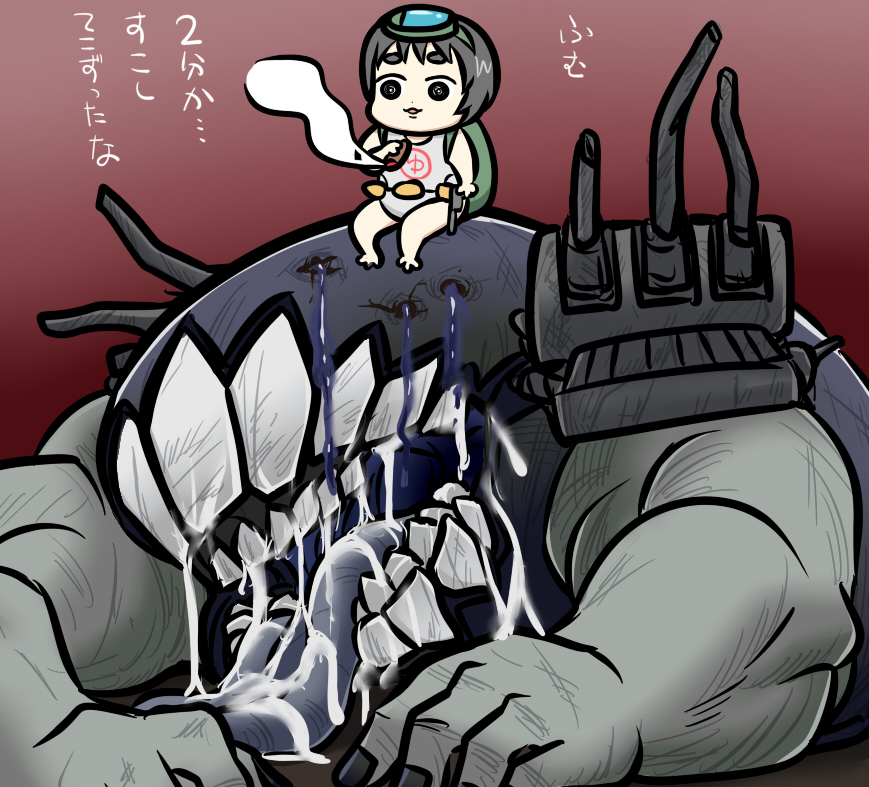 10s 1girl abyssal_ship battleship_princess belt_pouch bleeding blood borrowed_character bullet_hole cannon chibi cigar damaged diving_mask diving_mask_on_head fingernails goggles goggles_on_head gun handgun kantai_collection maru-yu-san maru-yu_(kancolle) nu-class_light_aircraft_carrier pistol pouch saliva ship_turret sitting sitting_on_head sitting_on_person size_difference smoke swimsuit tonda tongue translation_request weapon