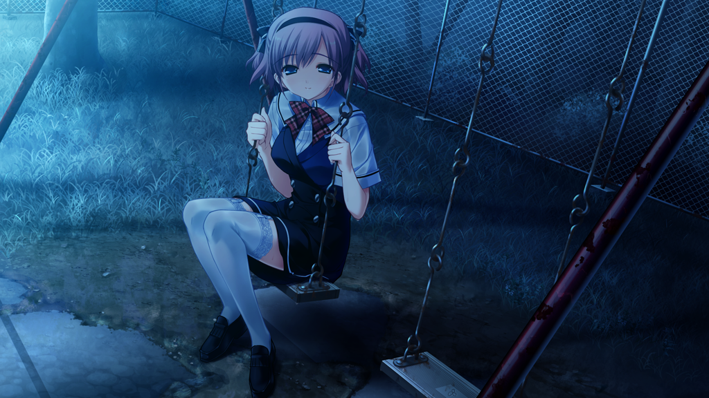 1girl black_bow black_dress black_hairband black_shoes blue_eyes bow bowtie breasts buttons chain-link_fence closed_mouth collared_shirt double-breasted dress fence frilled_bow frills full_body fumio_(ura_fmo) game_cg garter_straps grass grisaia_(series) grisaia_no_kajitsu hair_bow hairband holding loafers looking_at_viewer medium_breasts night non-web_source on_swing outdoors pink_hair plaid_bow plaid_bowtie plaid_clothes red_bow red_bowtie rust school_uniform shirt shoes short_hair short_sleeves sitting smile solo swing swing_set thighhighs tree two_side_up variant_set white_shirt white_thighhighs