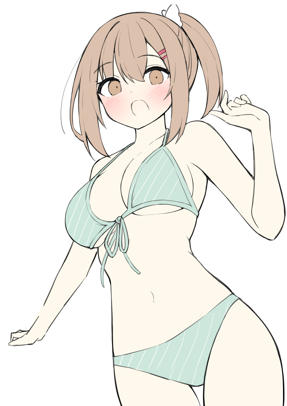 1girl bare_arms bare_shoulders bikini blue_bikini blush breasts brown_eyes brown_hair childhood_friend_(ominaeshi) collarbone commentary_request diagonal-striped_bikini diagonal-striped_clothes front-tie_top hair_between_eyes hair_ornament hairclip hand_up highres medium_breasts ominaeshi_(takenoko) open_mouth original ponytail sidelocks simple_background solo striped_clothes swimsuit unfinished white_background