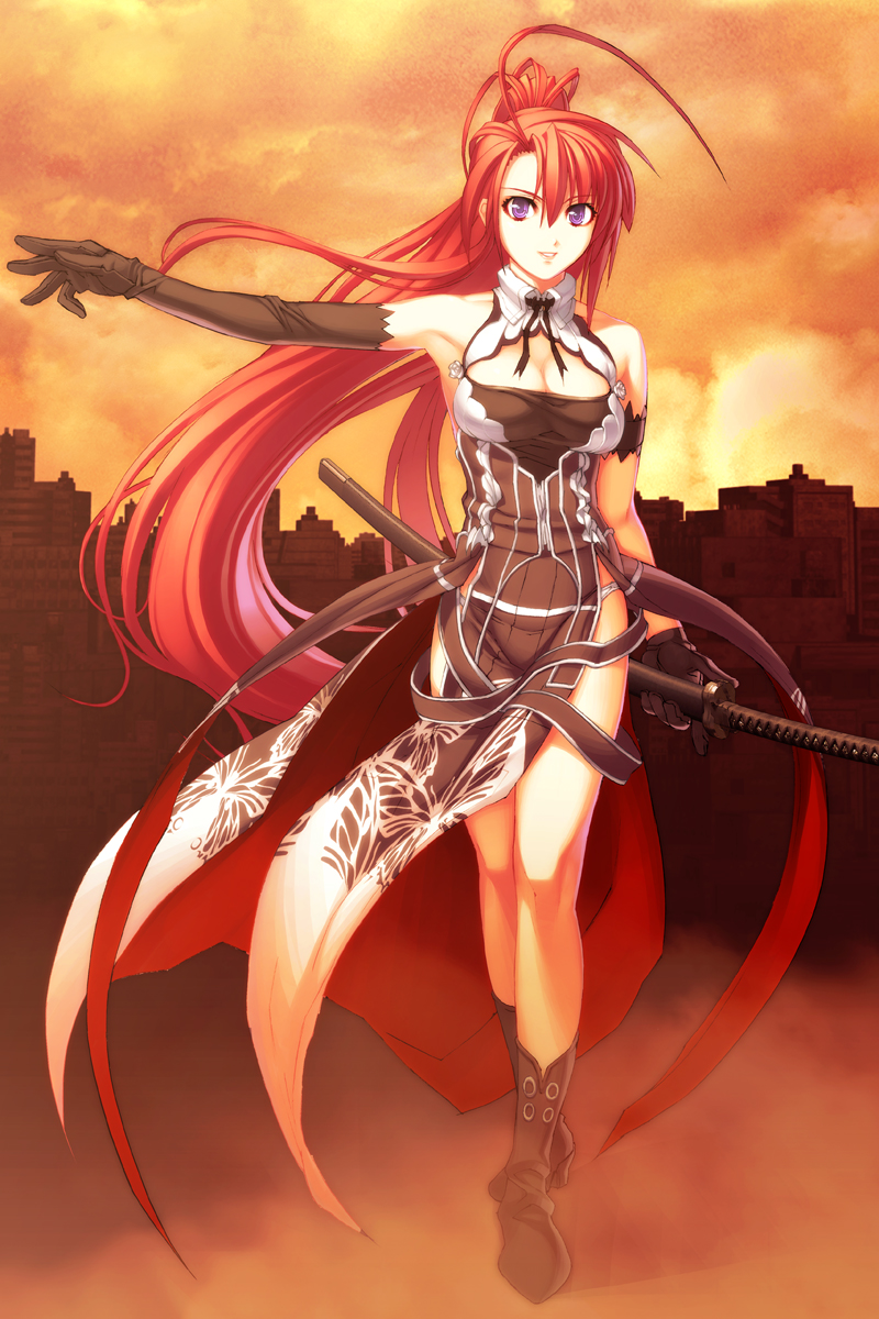 1girl ahoge animal_print arm_at_side armlet armpits asymmetrical_bangs asymmetrical_gloves bare_arms bare_legs bare_shoulders black_boots black_dress black_gloves boots breasts building butterfly_print cleavage cleavage_cutout clothing_cutout dress elbow_gloves female_focus full_body game_cg gloves hair_between_eyes highres holding holding_sheath ignis_(jingai_makyou) jewelry jingai_makyou katana long_hair looking_at_viewer medium_breasts nishii_(damnedrive) nitroplus official_art outdoors outstretched_arm panty_straps parted_lips pelvic_curtain ponytail purple_eyes red_hair ribbon scabbard sheath sheathed sky sleeveless sleeveless_dress smile solo standing sword uneven_gloves very_long_hair weapon