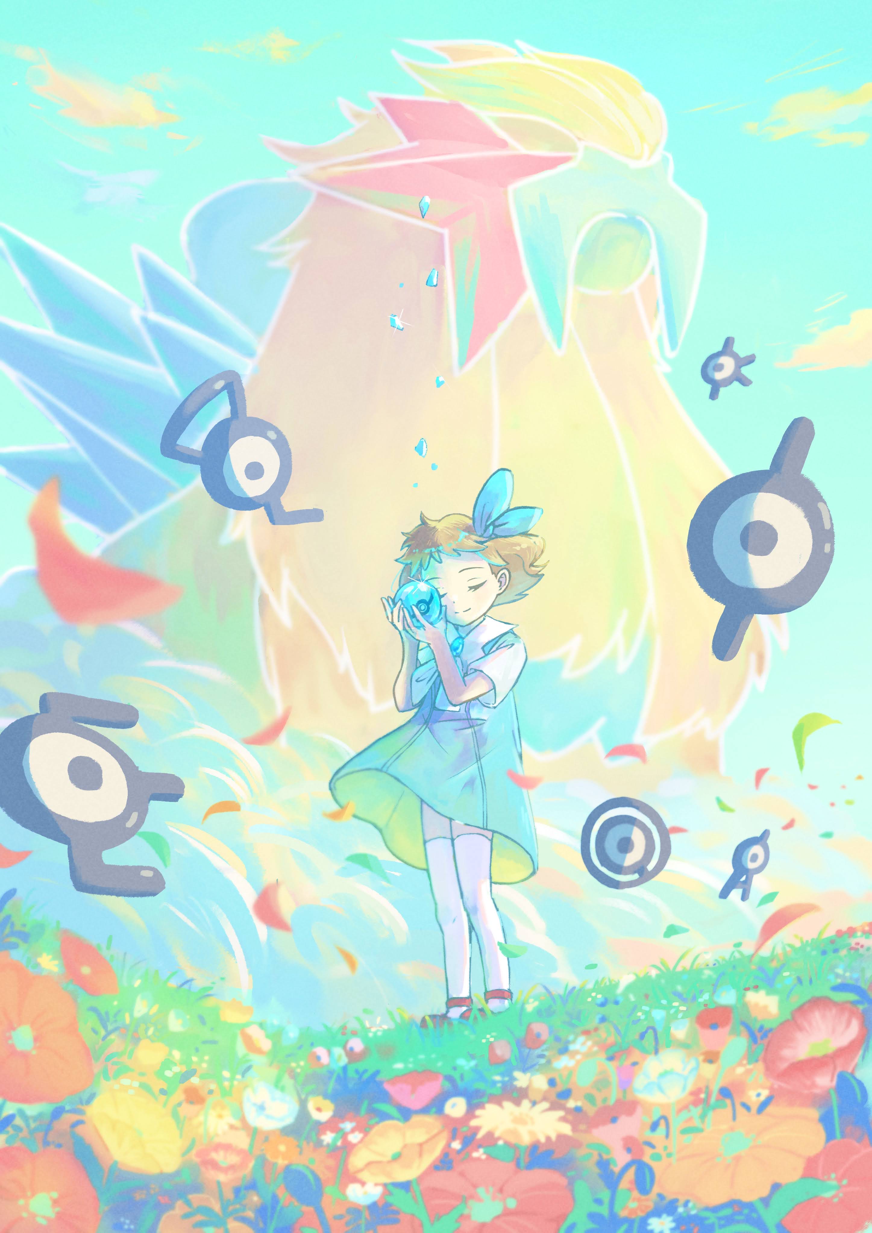 1girl absurdres closed_eyes closed_mouth cloud commentary_request day dress entei eyelashes falling_petals flower gen_2_pokemon grass hair_ribbon hands_up highres holding holding_poke_ball legendary_pokemon luna_mokamoka molly_hale nintendo outdoors petals poke_ball pokemon pokemon_(anime) pokemon_(classic_anime) pokemon_(creature) pokemon_3:_the_movie_-_spell_of_the_unown:_entei red_flower red_footwear ribbon shoes short_sleeves sky smile split_mouth standing thighhighs unown white_thighhighs