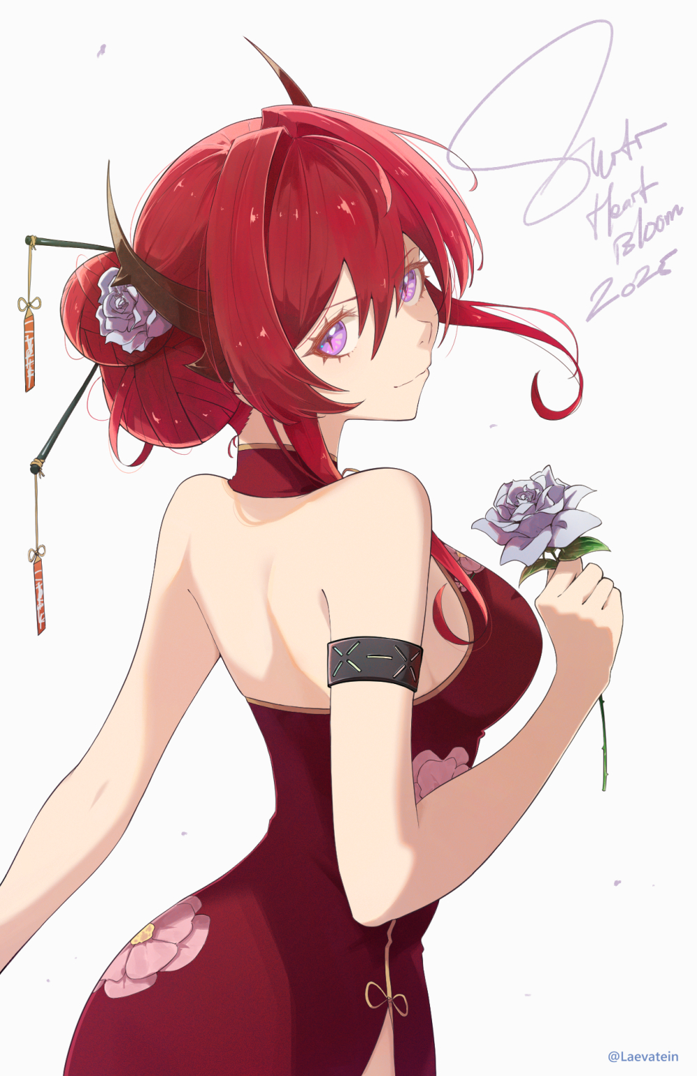 1girl alternate_costume arknights bare_back bare_shoulders breasts brown_horns character_name china_dress chinese_clothes closed_mouth commentary dress english_commentary flower grey_flower grey_rose hair_between_eyes hair_flower hair_intakes hair_ornament hairpin halter_dress halterneck highres holding holding_flower horns infection_monitor_(arknights) laevatein_(la3vatein) looking_at_viewer mixed-language_commentary pink_eyes red_dress red_hair rose short_hair_with_long_locks side_slit solo surtr_(arknights) twitter_username