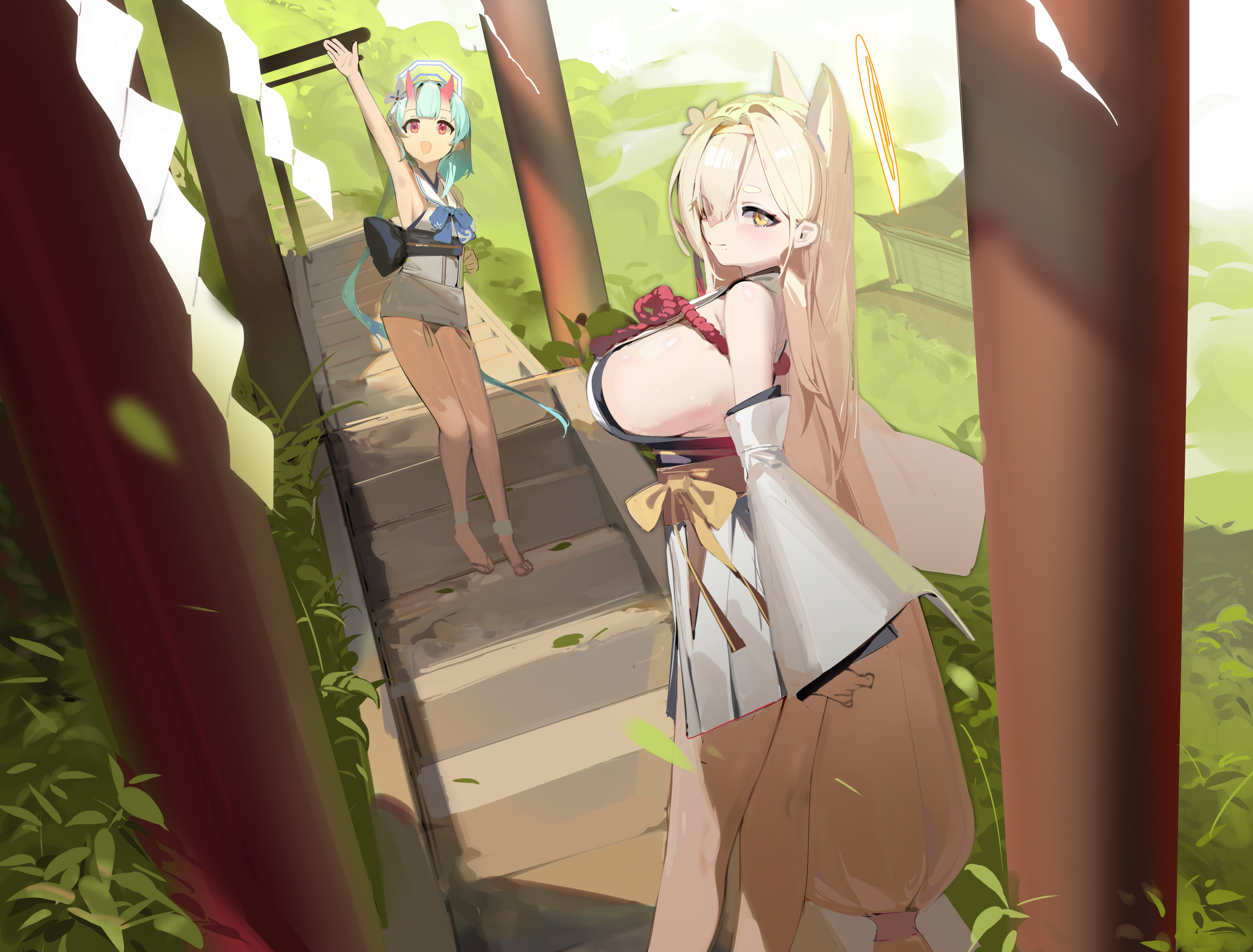 2girls absurdres animal_ears aqua_hair arm_up blonde_hair blue_archive breasts building chise_(blue_archive) detached_sleeves flower grass hair_flower hair_ornament hair_over_one_eye hairband halo highres horns huge_breasts japanese_clothes kaho_(blue_archive) long_hair looking_at_viewer medium_breasts mole mole_under_mouth multiple_girls orange_eyes outdoors prossss red_eyes rope shimenawa sideboob sleeveless smack stairs standing torii very_long_hair white_flower wide_sleeves