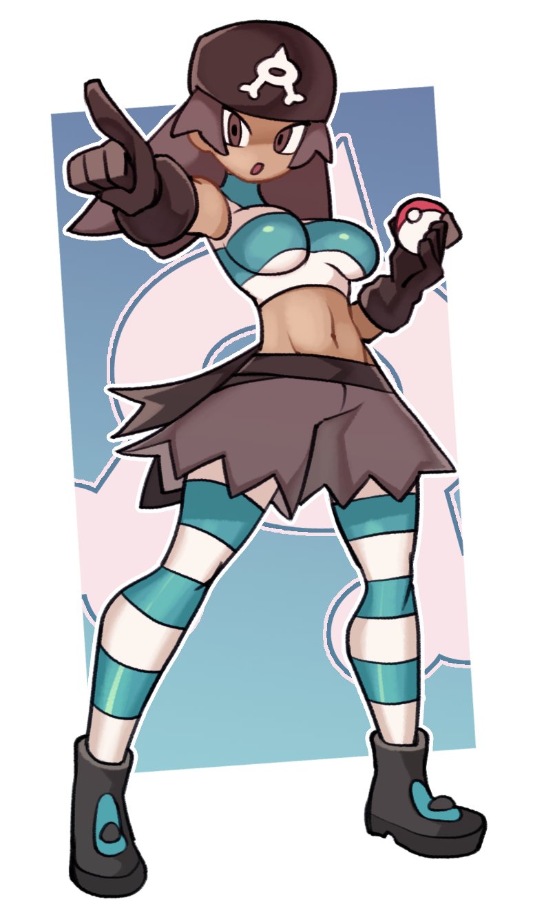 1girl :o black_boots boots border breasts brown_bandana brown_eyes brown_hair commentary cropped_shirt full_body gloves highres holding holding_poke_ball kurt_robinson large_breasts logo long_hair midriff navel nintendo open_mouth outline pantyhose pointing poke_ball poke_ball_(basic) pokemon pokemon_oras shirt shorts solo standing striped_clothes striped_pantyhose team_aqua team_aqua_grunt team_aqua_grunt_(female) team_aqua_uniform torn_clothes torn_shorts white_border