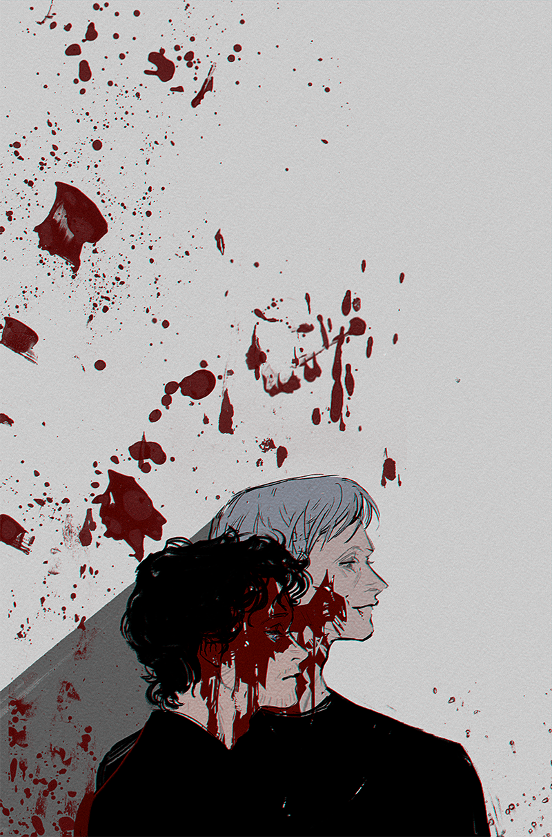 2boys animification beard_stubble black_eyes black_hair black_shirt blood blood_on_face blood_splatter closed_mouth commentary english_commentary expressionless facial_hair grey_background hannibal_(tv_series) hannibal_lecter highres krusier long_sleeves male_focus messy_hair multiple_boys old old_man shadow shirt short_hair simple_background smile stubble upper_body white_hair will_graham wrinkled_skin