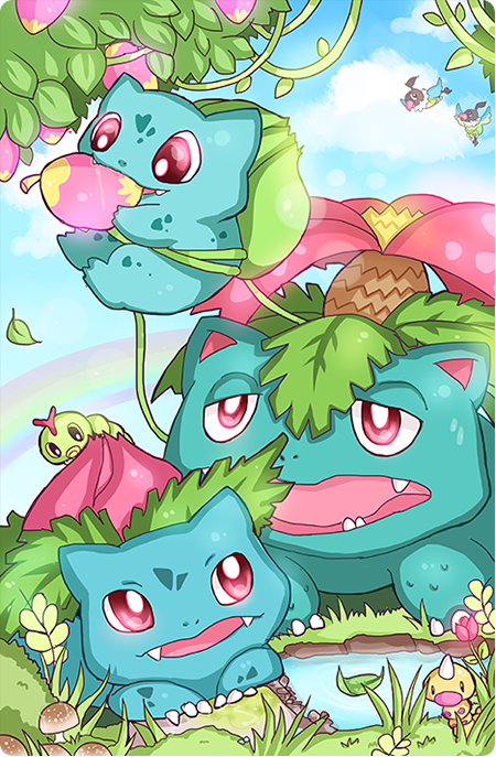 animal_focus berry_(pokemon) bright_pupils bulbasaur caterpie chatot claws commentary dariendoodles day eating english_commentary evolutionary_line fangs gen_1_pokemon gen_4_pokemon grass ivysaur leaf mushroom nintendo no_humans open_mouth outdoors plant pokemon pokemon_(creature) pond qualot_berry red_eyes venusaur vines weedle white_pupils