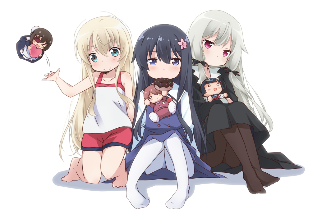 3girls amano_akari barefoot black_hair blonde_hair blue_eyes character_doll crossover flower green_eyes grey_hair hair_flower hair_ornament hoshino_miyako_(wataten) kamoi_tsubame long_hair multiple_crossover multiple_girls no_shoes nora-toro pantyhose pink_eyes school_uniform shirosaki_hana simple_background sitting skirt smile sophie_twilight takanashi_misha tonari_no_kyuuketsuki-san uchi_no_maid_ga_uzasugiru! very_long_hair watashi_ni_tenshi_ga_maiorita! white_background