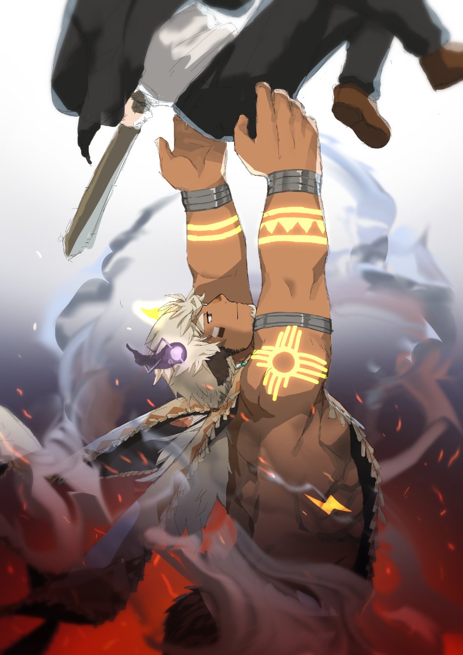 2boys animal_ears asymmetrical_horns bara catching cow_boy cow_ears cow_horns dark-skinned_male dark_skin embers eye_black facial_hair feather_necklace fiery_horns fire floating_clothes forked_eyebrows from_side glowing_horns glowing_tattoo goatee haishiba_ame highres horns jewelry large_hands light_smile male_focus mismatched_horns multiple_boys muscular muscular_male necklace outstretched_arms pectorals profile protagonist_3_(housamo) reaching short_hair sideburns_stubble sidepec smoke solo_focus spiked_hair stubble thick_eyebrows tokyo_houkago_summoners tribal wakan_tanka wakan_tanka_mugen
