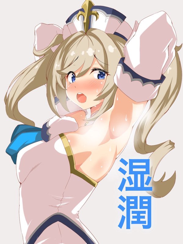 1girl armpits arms_behind_head arms_up barbara_(genshin_impact) bare_shoulders blonde_hair blue_eyes blush breasts detached_sleeves dress drill_hair edobox genshin_impact hat long_hair long_sleeves looking_at_viewer open_mouth small_breasts sweat translation_request twin_drills twintails white_dress white_hat white_legwear white_sleeves