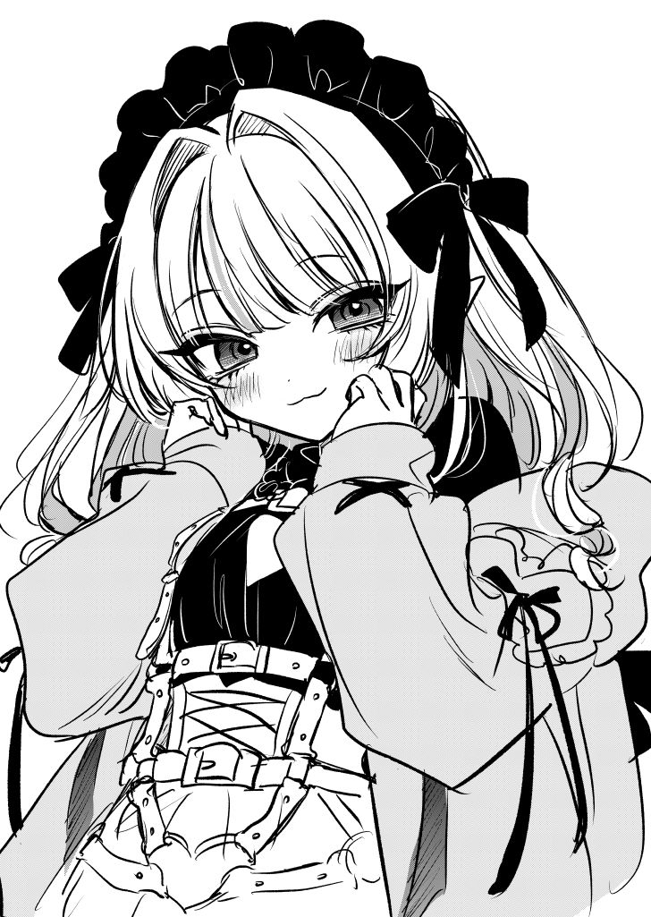 1girl :3 akiyama_enma blush coat commentary_request dress greyscale hands_on_own_cheeks hands_on_own_face harness_belt long_sleeves looking_at_viewer maid_headdress makaino_ririmu makaino_ririmu_(5th_costume) monochrome nijisanji short_hair smile solo upper_body virtual_youtuber