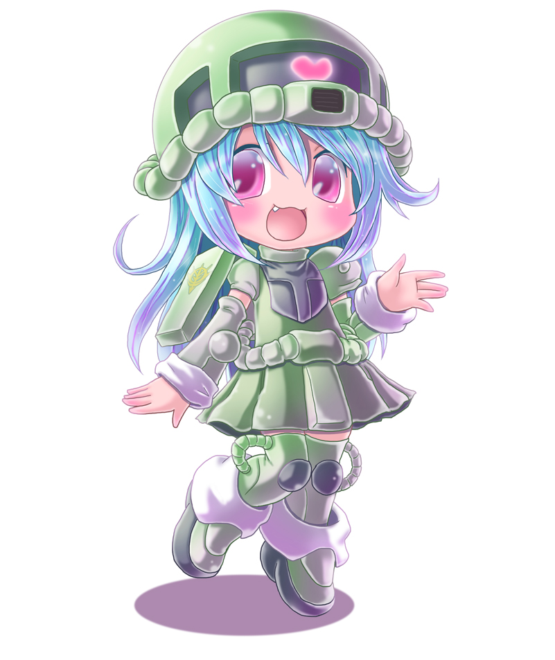1girl :d blue_hair fang gundam gundam_girl heart mecha_musume open_mouth personification red_eyes renaoka smile zaku