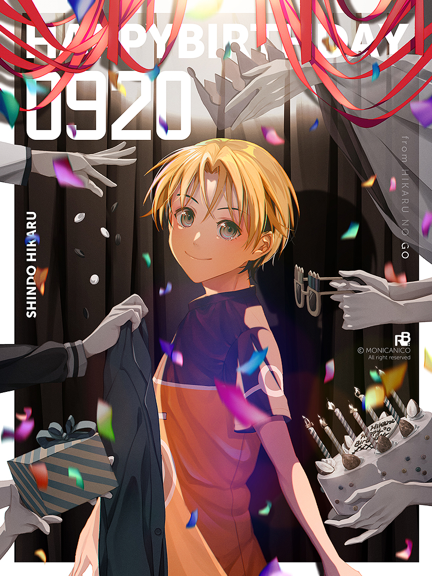 1boy birthday birthday_cake black_hair blonde_hair box cake character_name closed_mouth copyright_name dated food gift gift_box grey_eyes happy_birthday hikaru_no_go holding holding_cake holding_food holding_gift looking_at_viewer male_focus monicanc multicolored_hair multicolored_shirt shindou_hikaru solo_focus