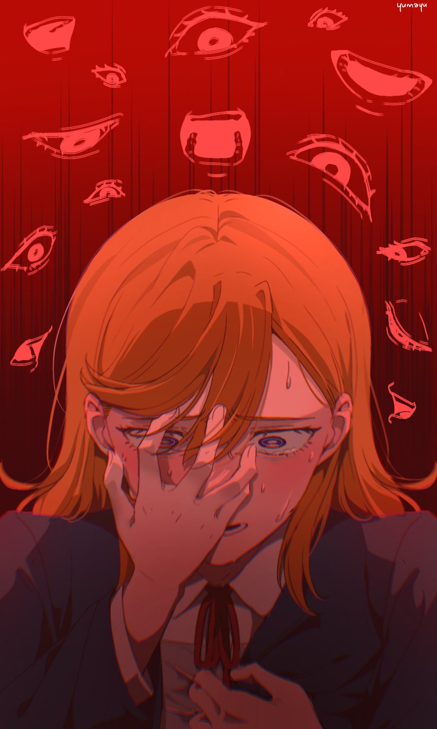 1girl artist_name blue_jacket blush clutching_chest commentary_request constricted_pupils disembodied_eye distress gradient_background hand_on_own_face highres jacket long_hair love_live! love_live!_superstar!! neck_ribbon open_mouth orange_hair ptsd purple_eyes red_background red_ribbon ribbon school_uniform shibuya_kanon shirt sweat swept_bangs white_shirt yuigaoka_school_uniform yumayu