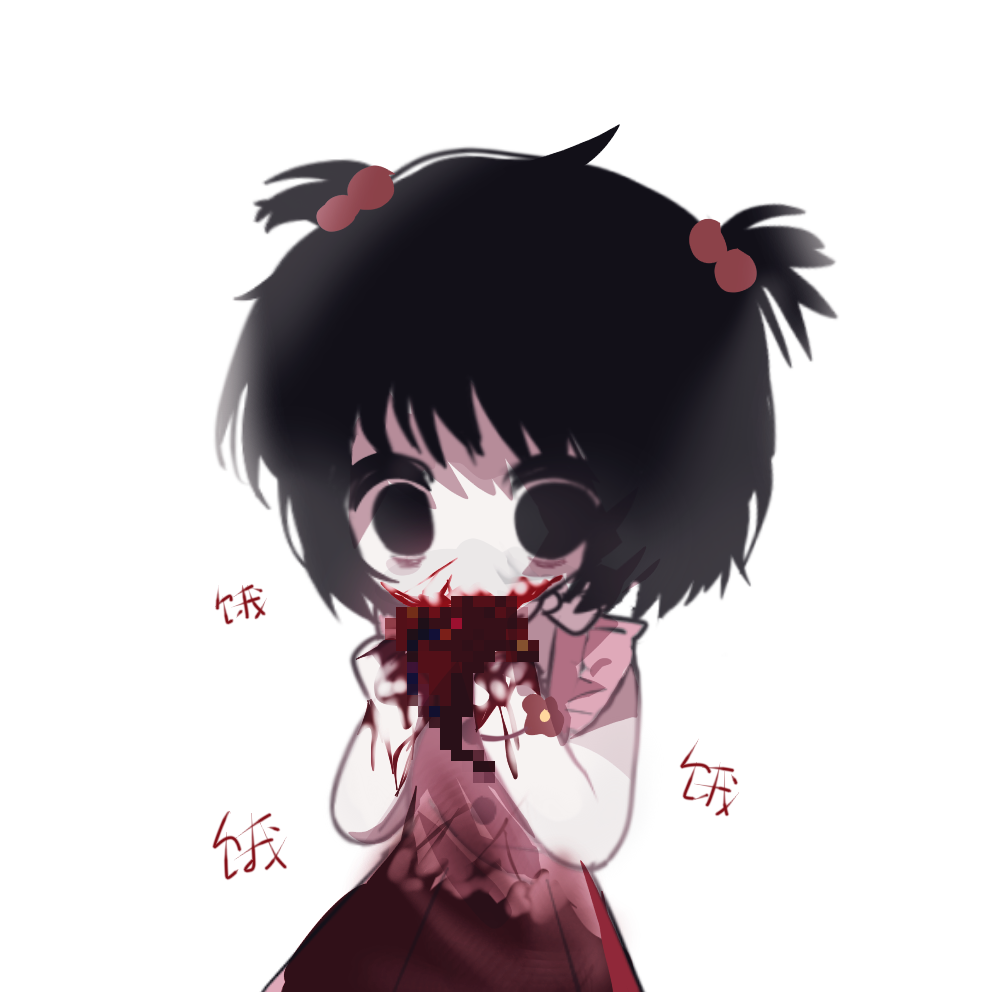 1girl black_eyes black_hair blood blood_on_clothes blood_on_face censored chinese_commentary chinese_text commentary_request cowboy_shot dress hair_bobbles hair_ornament haokunhaokundeshuangren huai_huizhi implied_cannibalism mosaic_censoring pink_dress short_hair short_twintails simple_background sleeveless sleeveless_dress solo touqi_guaitan translation_request twintails white_background