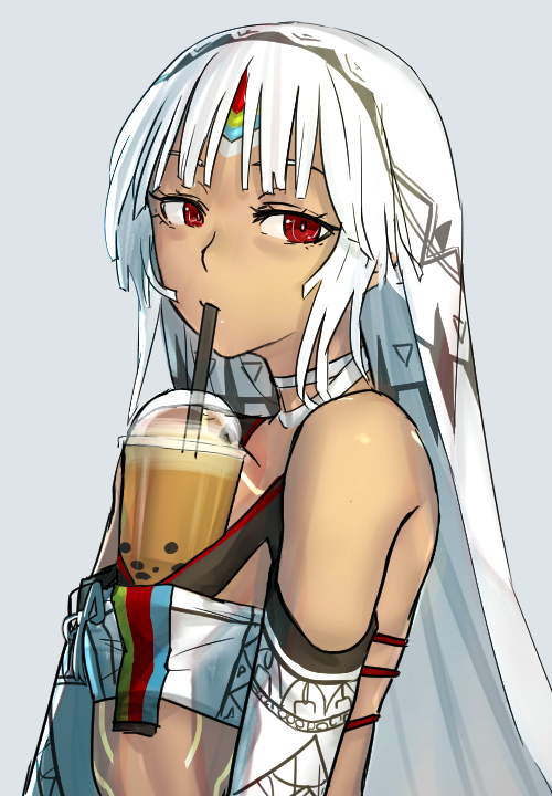 1girl altera_(fate) bare_shoulders bubble_tea dark-skinned_female dark_skin detached_sleeves drinking drinking_straw fate/grand_order fate_(series) female_focus grey_background i-pan looking_at_viewer red_eyes short_hair simple_background solo tattoo veil white_hair