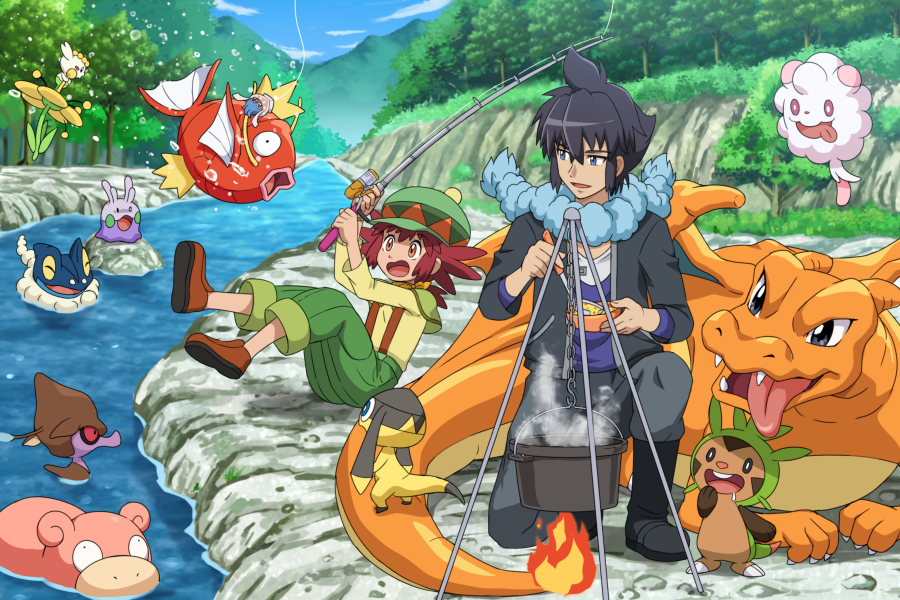 1boy 1girl alain_(pokemon) black_footwear black_hair black_jacket blue_eyes boots brown_eyes brown_footwear charizard chespin cloud cooking day fire fishing fishing_rod flabebe flabebe_(yellow_flower) flame-tipped_tail frogadier gen_1_pokemon gen_6_pokemon goomy hat holding holding_fishing_rod inkay jacket magikarp mairin_(pokemon) nintendo on_ass on_one_knee open_mouth outdoors pokemoa pokemon pokemon_(anime) pokemon_(creature) pokemon_xy_(anime) pot red_hair scarf shoes short_hair skrelp sky slowpoke steam stream swirlix tail tongue tree water